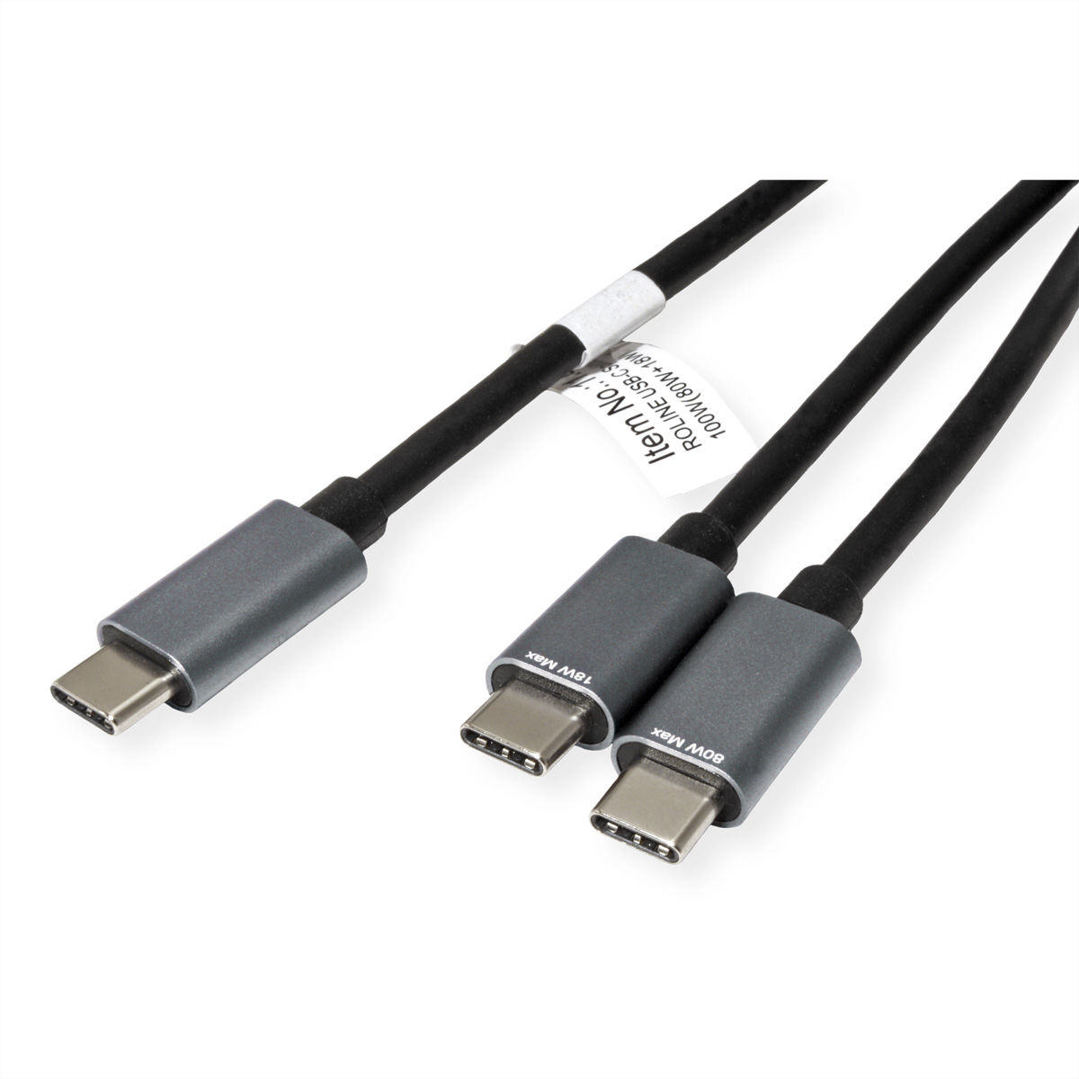 ROLINE USB Typ C Split-Ladekabel, C - 2x C, ST/ST, max. 100W, schwarz, 1,85 m (11.02.8308)