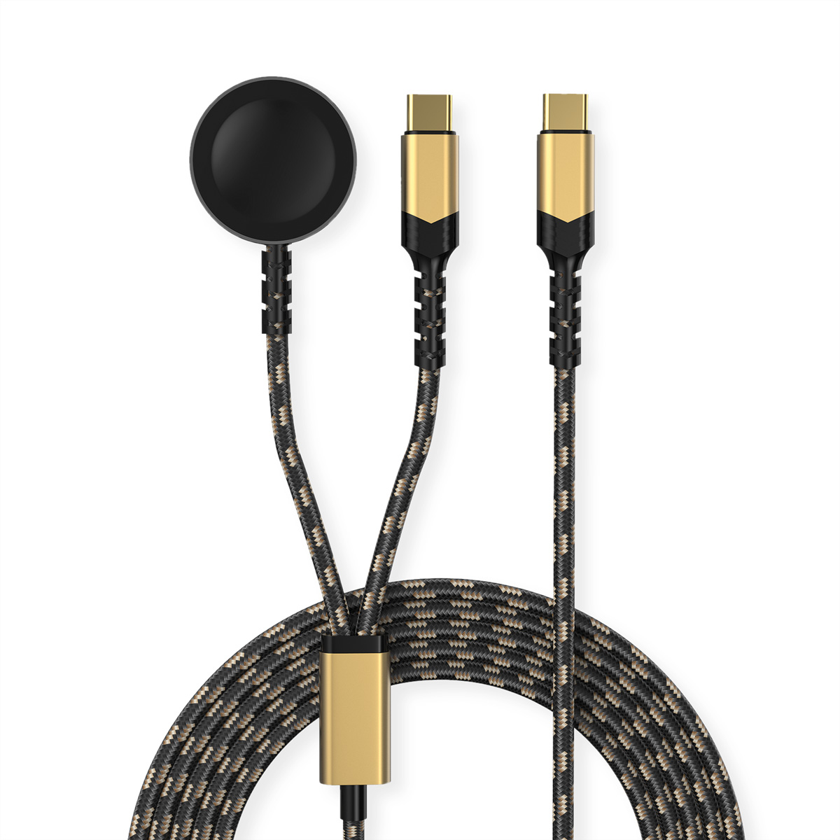 ROLINE USB Split-Ladekabel, bis 60W + Ladepad (bis 15W), für Apple-Geräte, Typ C - C, schwarz / gold, 1,2 m