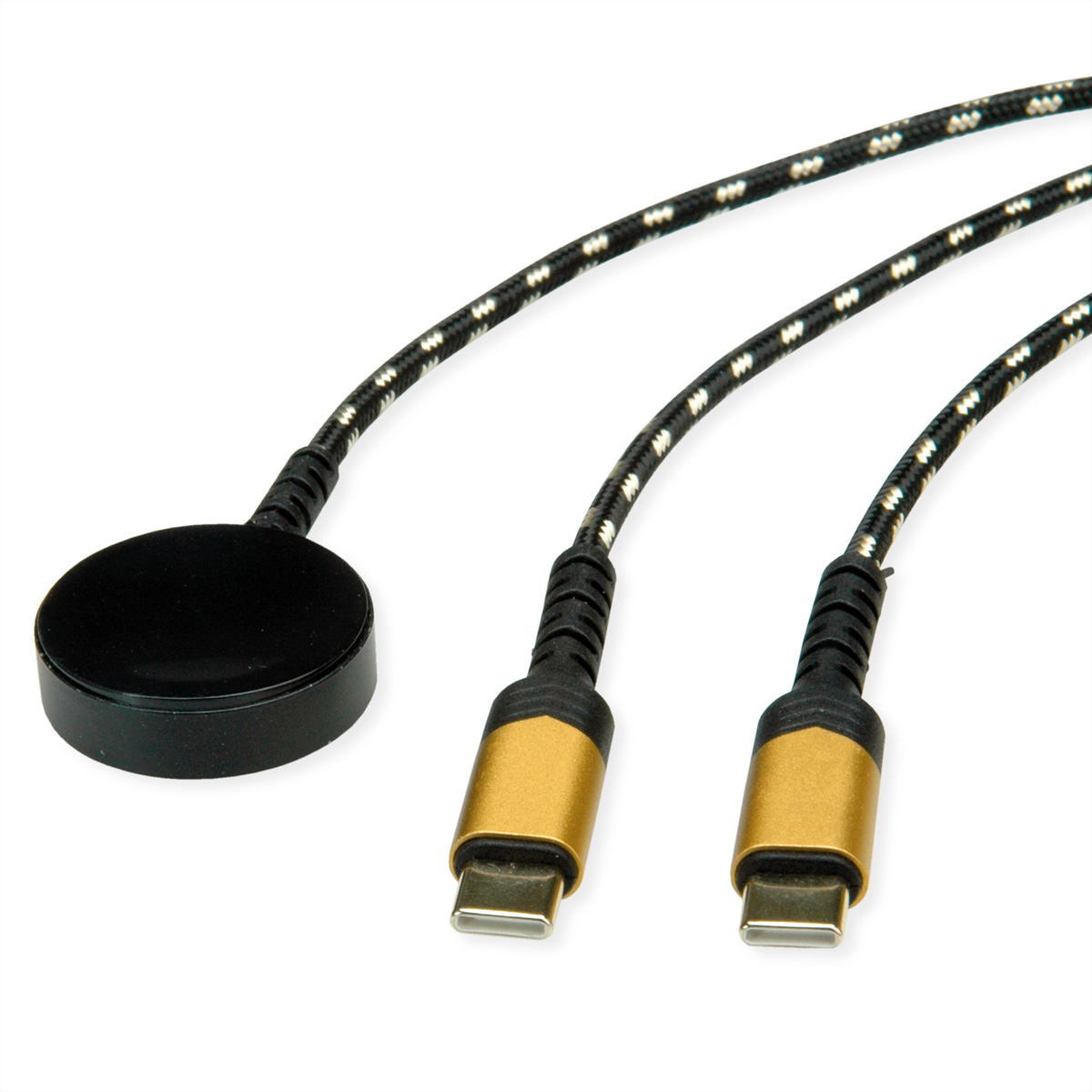 ROLINE USB Split-Ladekabel, bis 60W + Ladepad (bis 15W), für Samsung Geräte, Typ C - C, schwarz / gold, 1,2 m USB & Lightning