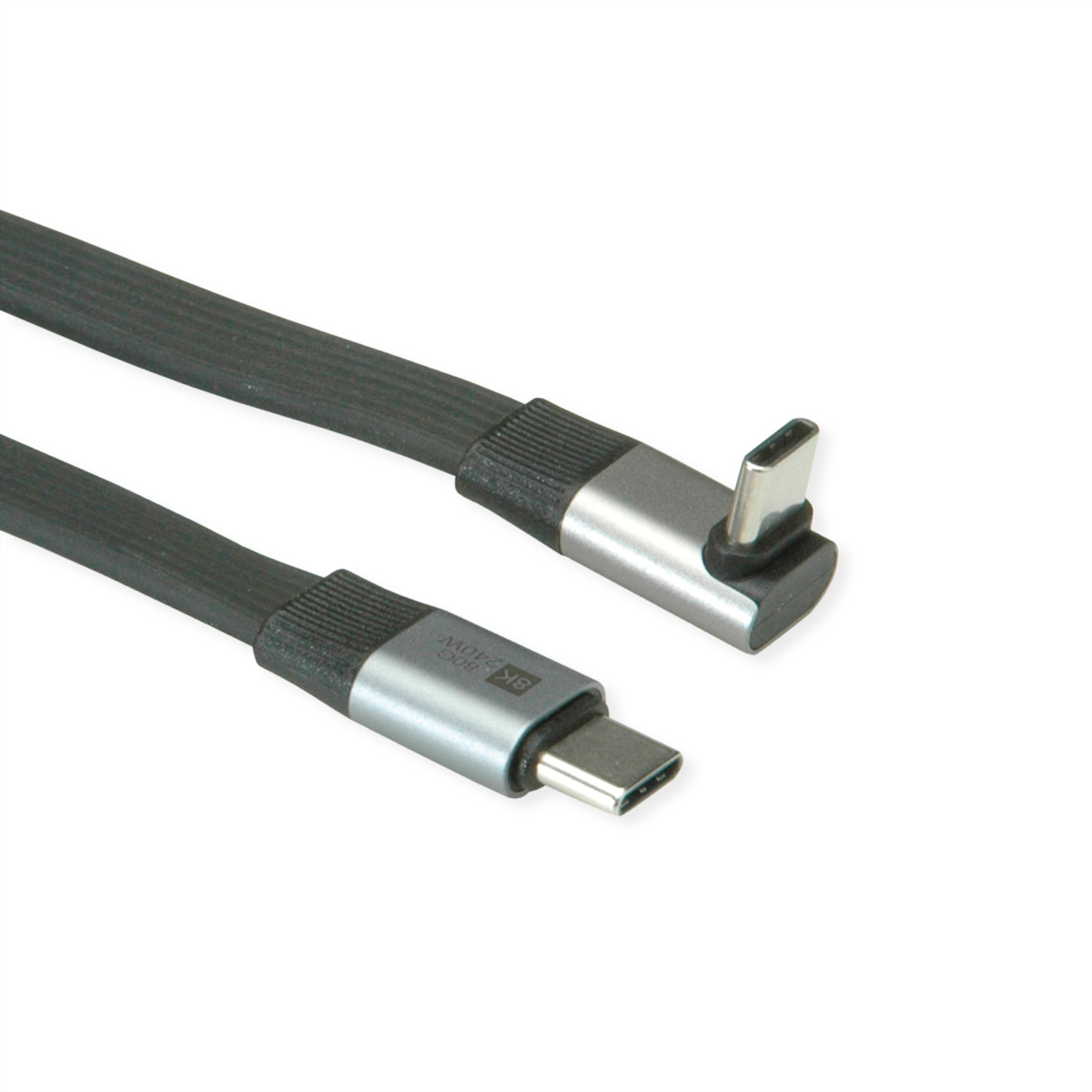 ROLINE USB4 2.0 Flachkabel, C–C, ST/ST einseitig 270°-gewinkelt, 8K UHD-2, 80Gbit/s, 240W, schwarz, 0,8 m