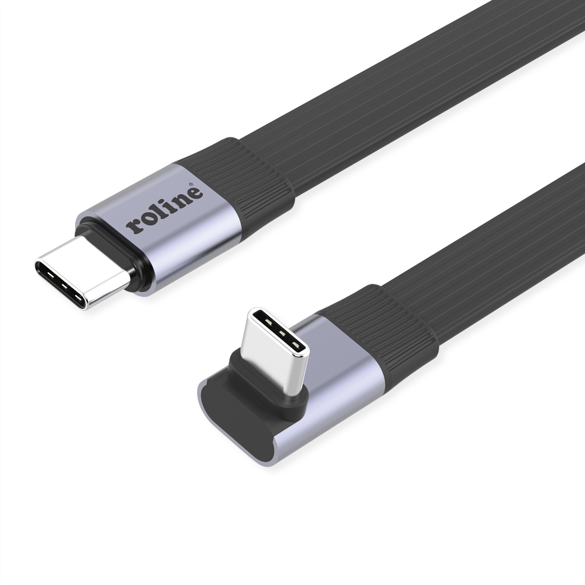 ROLINE USB4 2.0 Flachkabel, C–C, ST/ST einseitig 270°-gewinkelt, 8K UHD-2, 80Gbit/s, 240W, schwarz, 0,8 m USB & Lightning