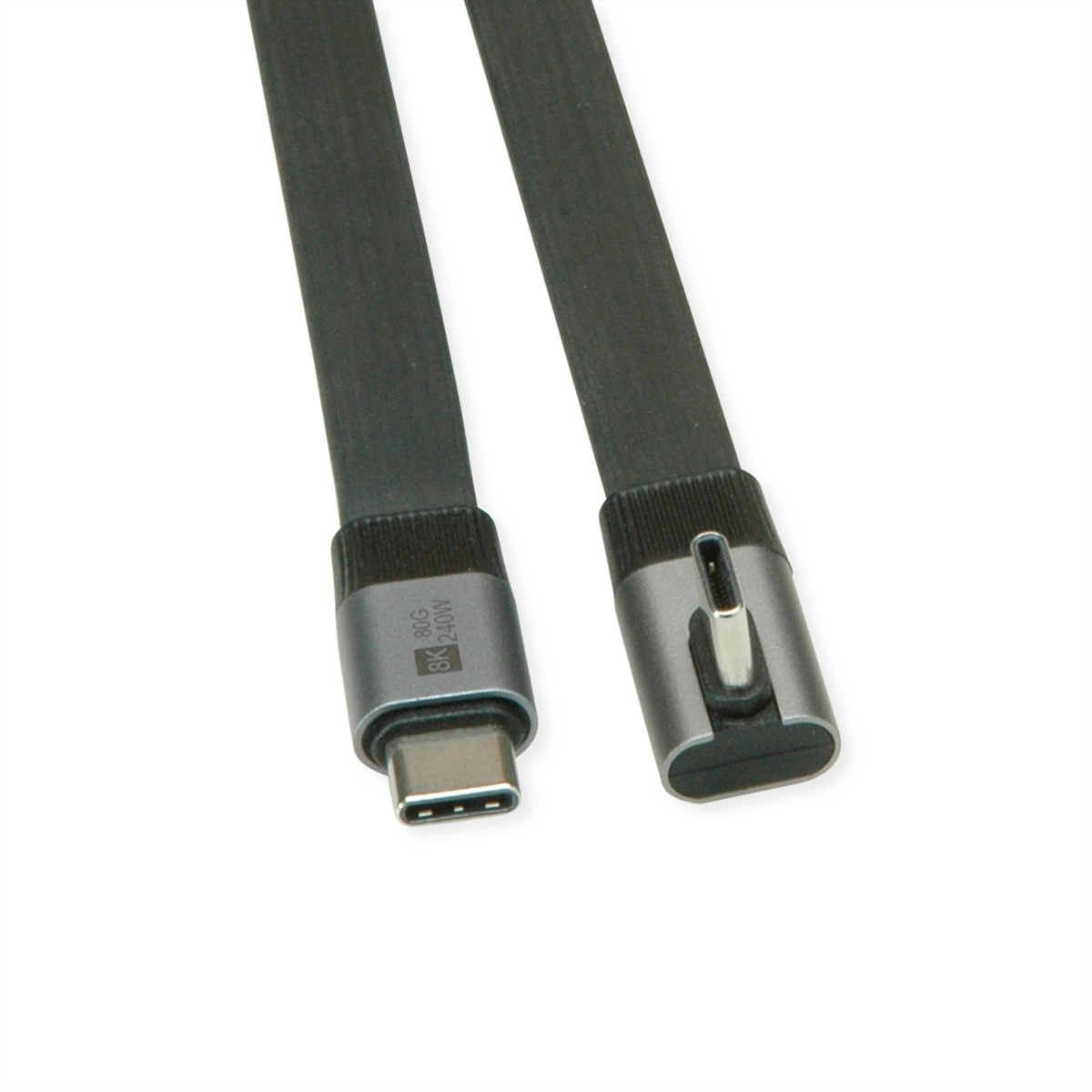 ROLINE USB4 2.0 Flachkabel, C–C, ST/ST einseitig 90°-gewinkelt, 8K UHD-2, 80Gbit/s, 240W, schwarz, 0,8 m