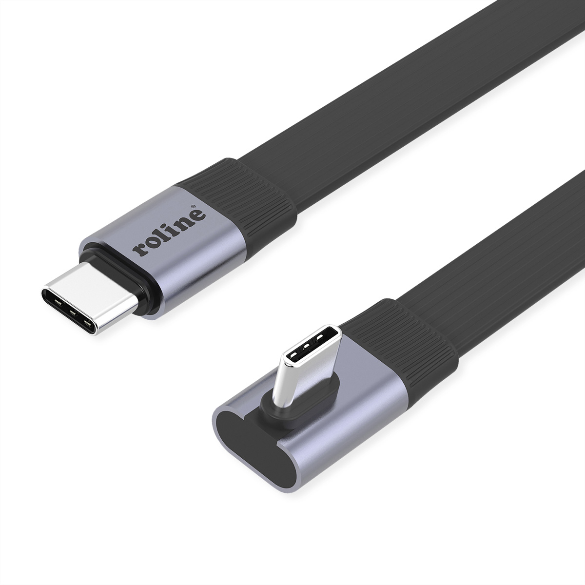 ROLINE USB4 2.0 Flachkabel, C–C, ST/ST einseitig 90°-gewinkelt, 8K UHD-2, 80Gbit/s, 240W, schwarz, 0,8 m USB & Lightning
