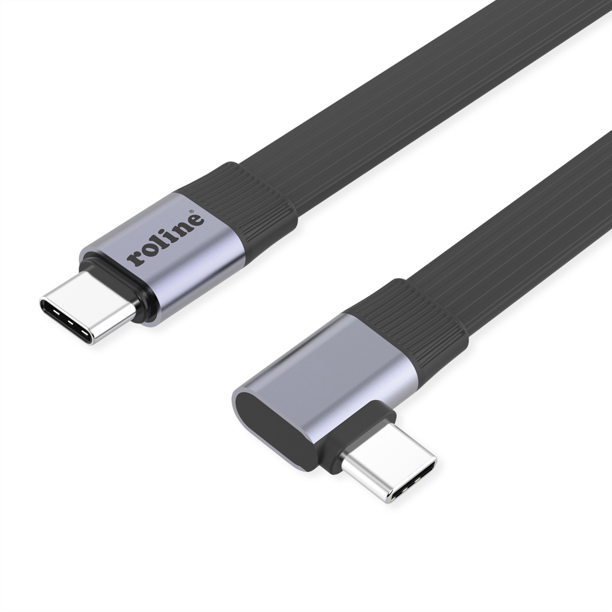 ROLINE USB4 2.0 Flachkabel, C–C, ST/ST einseitig 90°-gewinkelt, 8K UHD-2, 80Gbit/s, 240W, schwarz, 0,13 m USB & Lightning