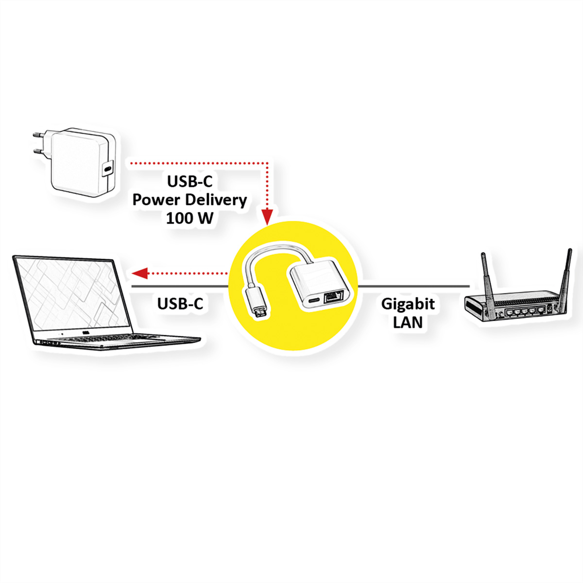 ROLINE USB 3.2 Gen 2 Typ C zu Gigabit Ethernet Konverter + 1x PD Port, 100W (12.02.1100)