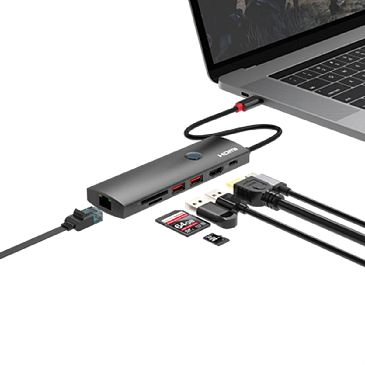 ROLINE USB 3.2 Gen2 Typ C Multiport Dockingstation, HDMI 4K60, USB 3.2 Gen2, USB-C PD, LAN, SD-Card Reader