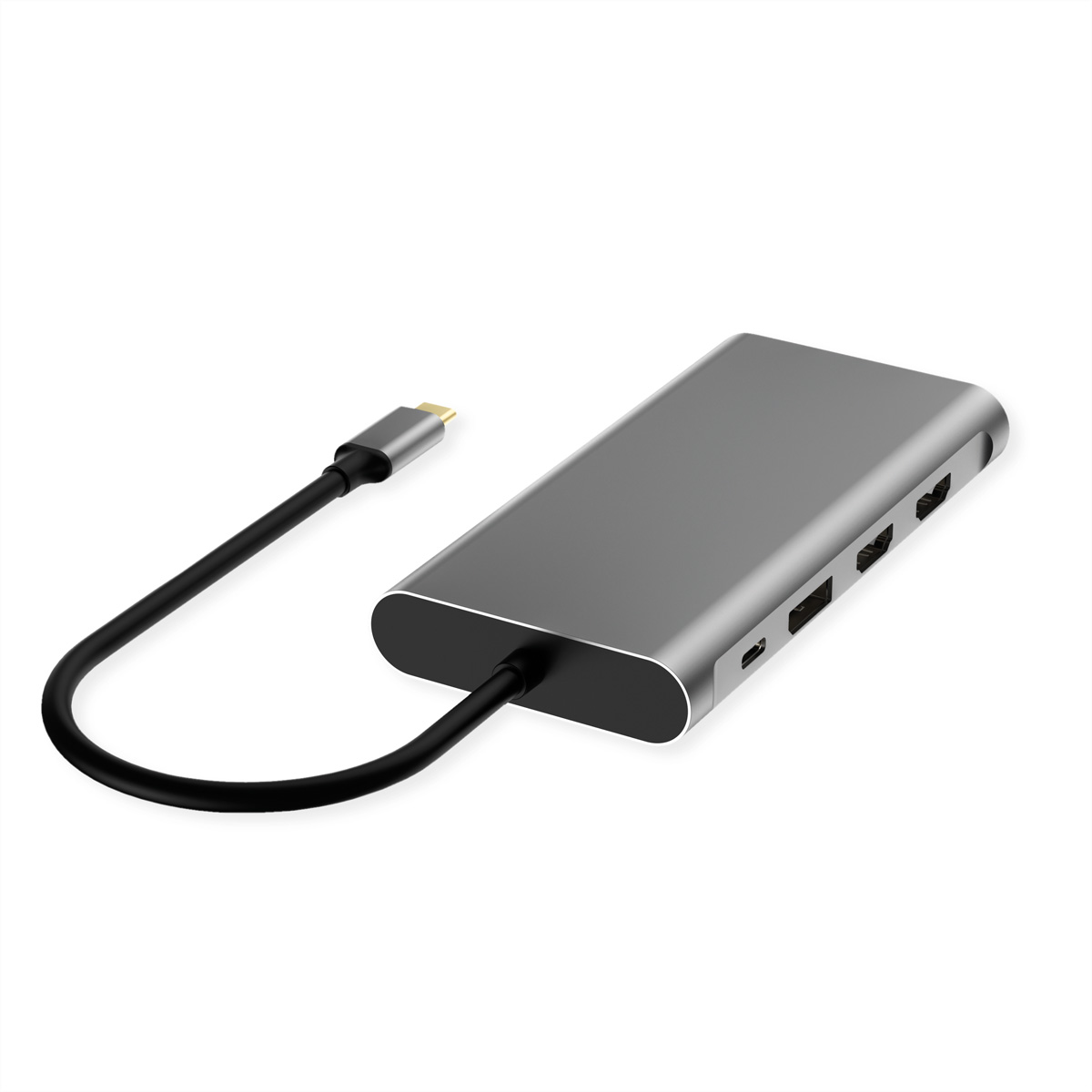 VALUE USB Typ C Dockingstation, 2x HDMI (4K60 und 4K30), 1x DP 4K60, 1x VGA, 1x Gb Ethernet, 2x USB C, 2x USB A (3.2 Gen1 und USB 2.0, 1x Type C PD