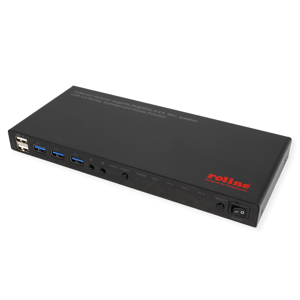 ROLINE KVM Switch, HDMI 4K, USB, 1 User - 4 PC, mit 3-Port USB-Hub