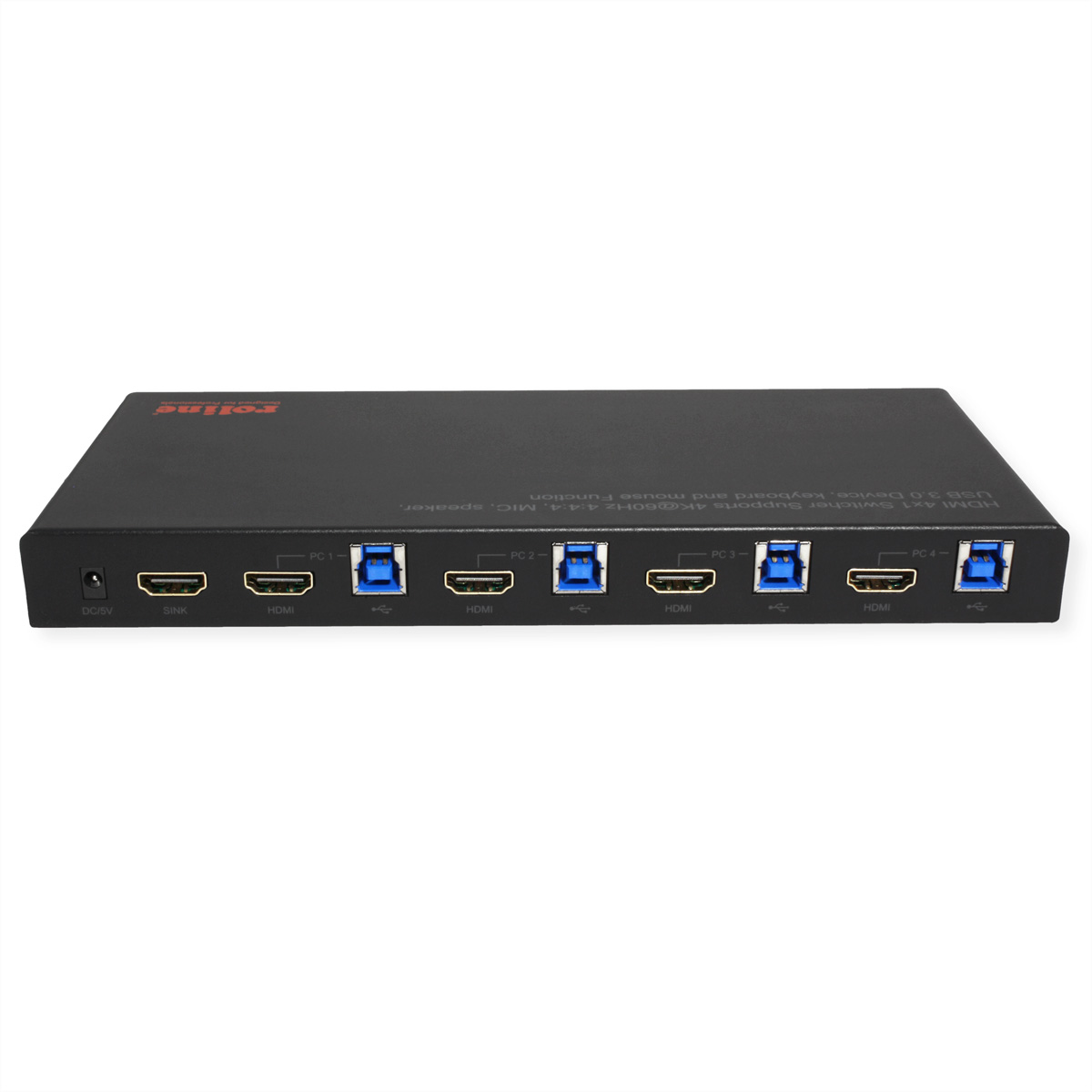 ROLINE KVM Switch, HDMI 4K, USB, 1 User - 4 PC, mit 3-Port USB-Hub