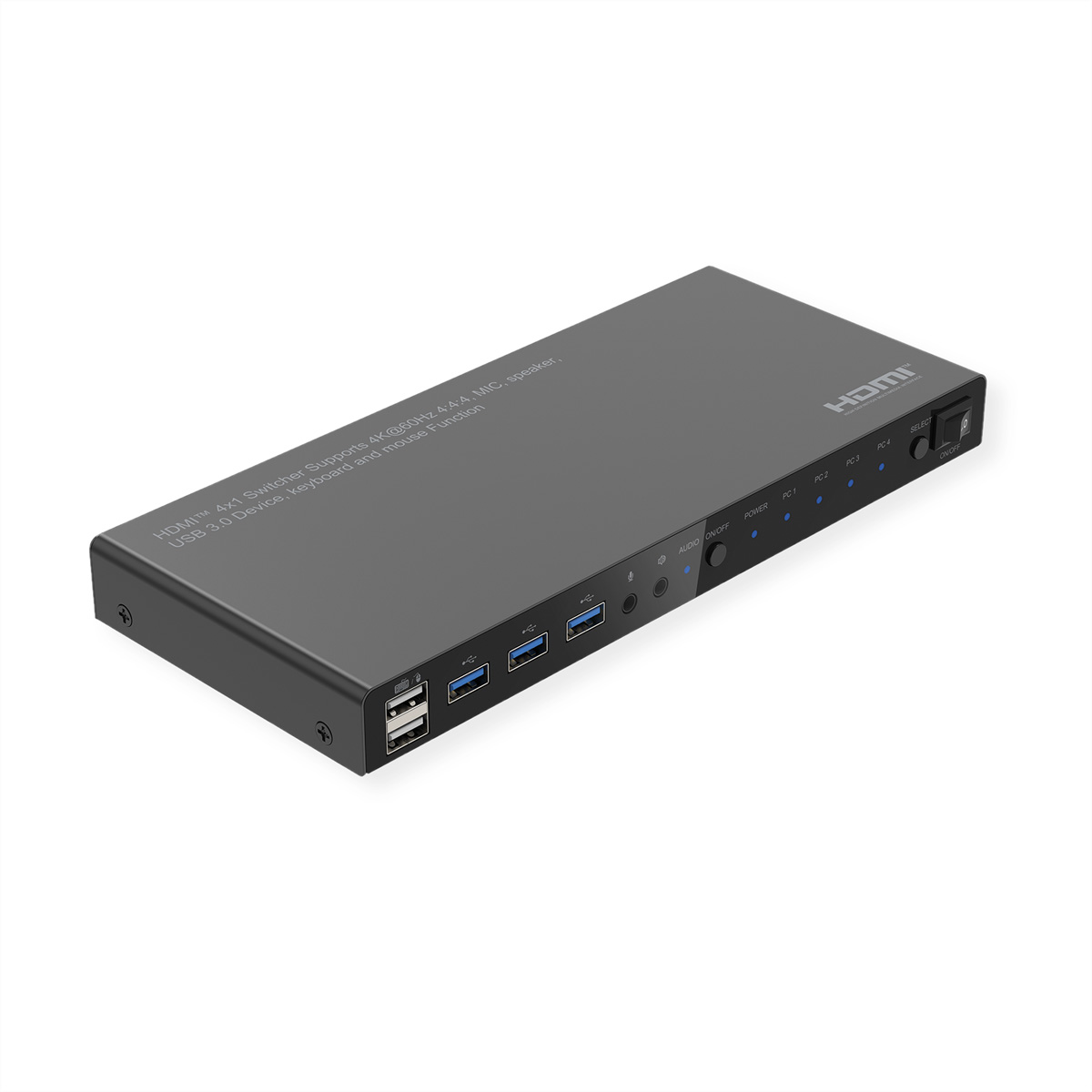 ROLINE KVM Switch, HDMI 4K, USB, 1 User - 4 PC, mit 3-Port USB-Hub