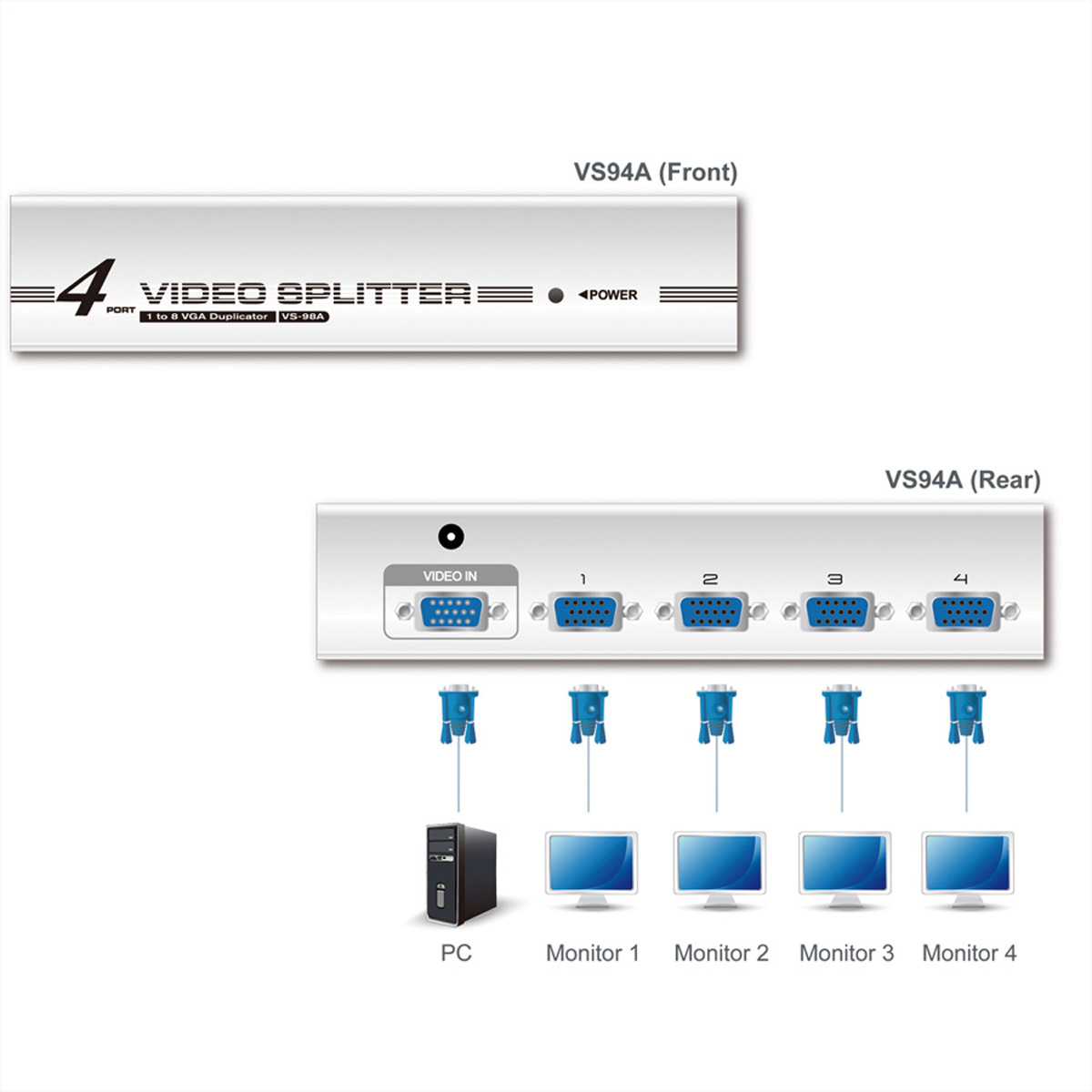 ATEN Monitor-Verteiler VS94A, 4-fach, S-VGA, 250Mhz