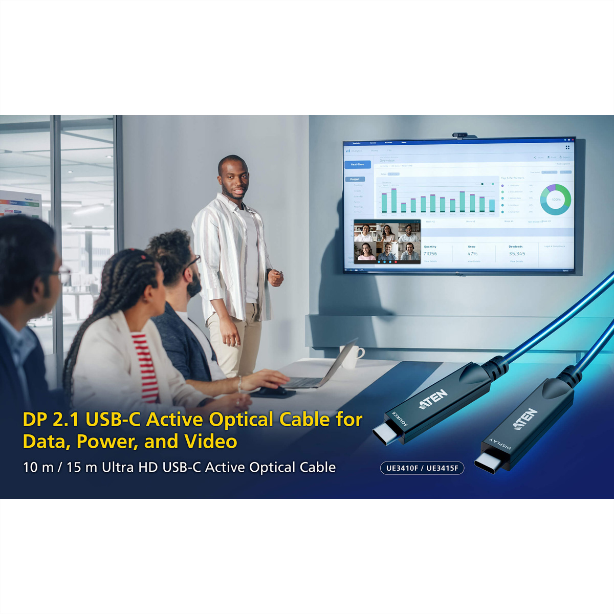 ATEN UE3415F aktives optisches Ultra HD-Kabel mit USB-C, schwarz, 15 m