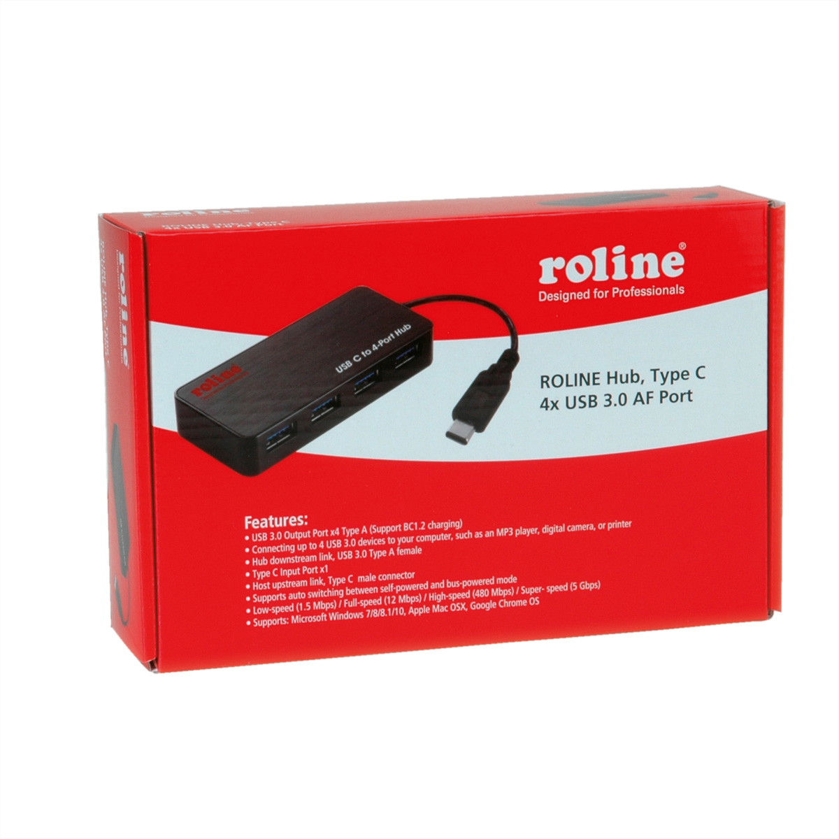 ROLINE USB 3.0 Hub, 4fach, Typ C Anschlusskabel