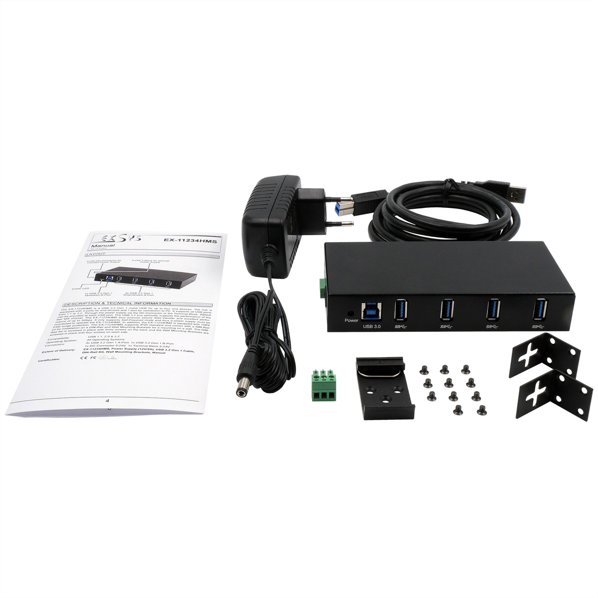 EXSYS EX-11234HMS 4 Port USB 3.2 Gen 1 HUB Din-Rail Kit  (BILD2)