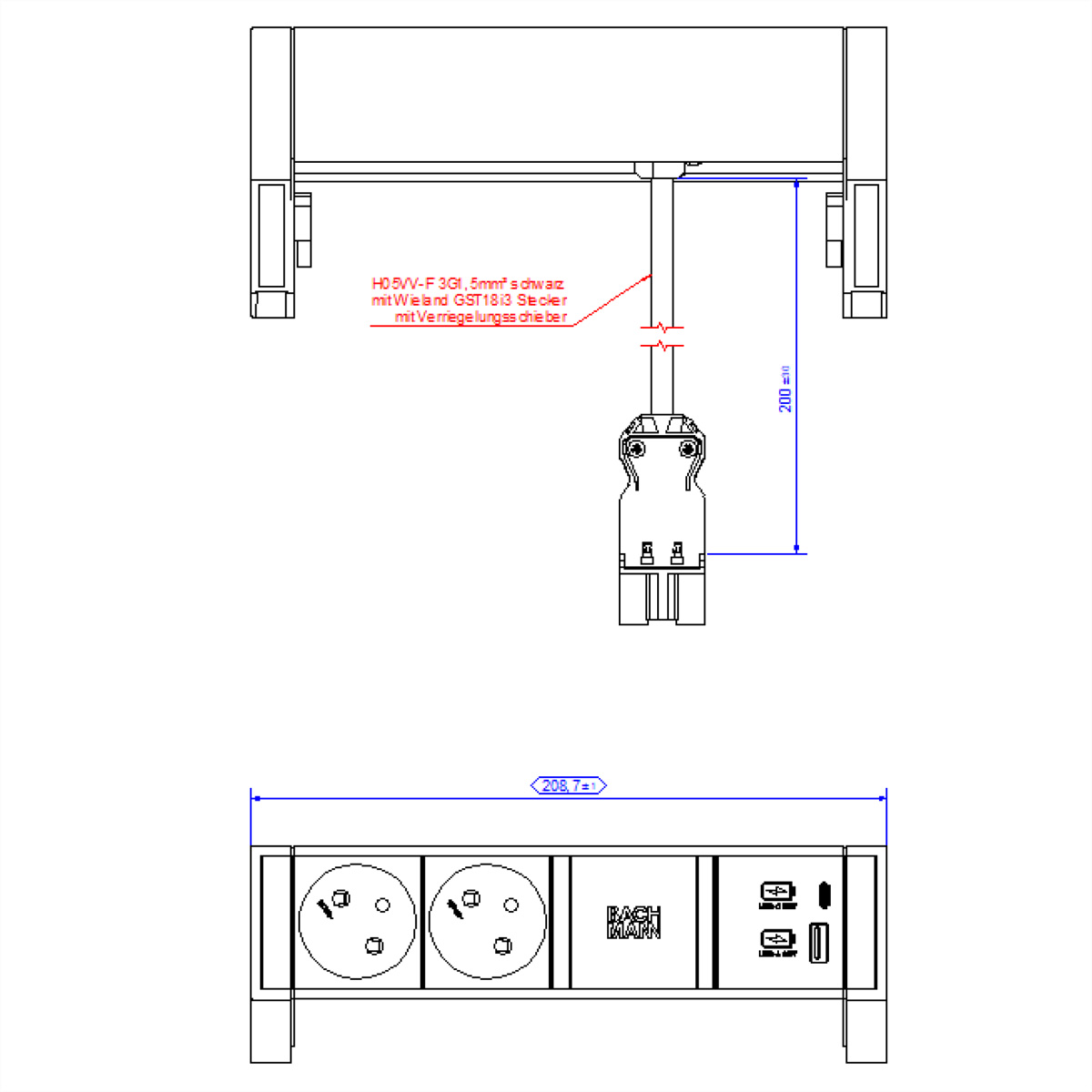 BACHMANN DESK2 2xUTE 1xUSB A/C 22W 0,2m GST18 INOX, 902.920 (BILD2)