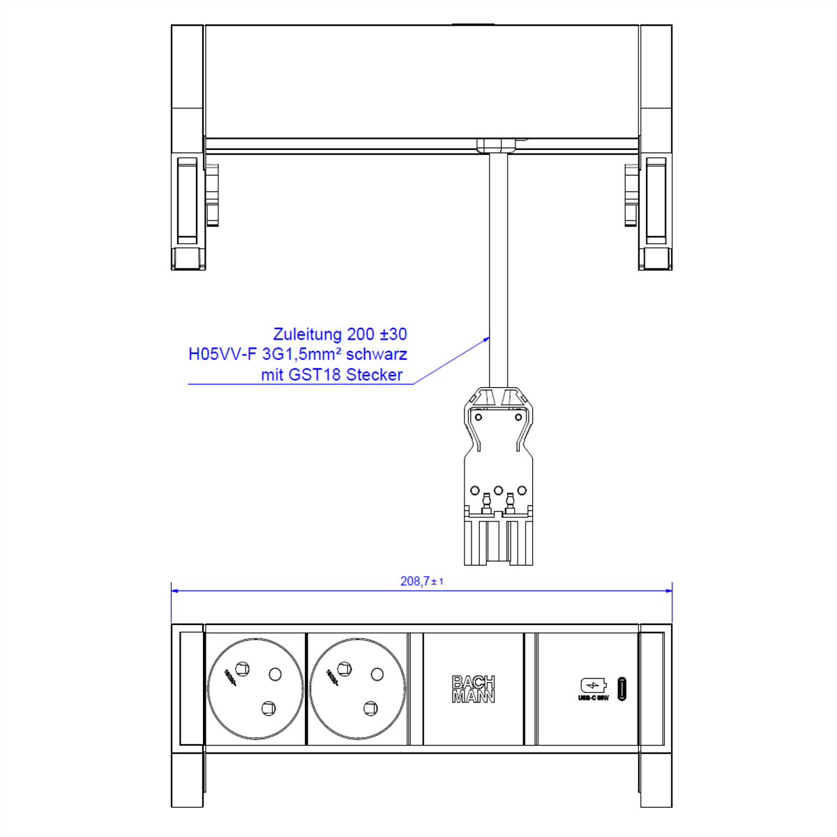 BACHMANN DESK2 2xUTE 1xUSB C 30W 0,2m GST18 INOX, 902.921 (BILD2)