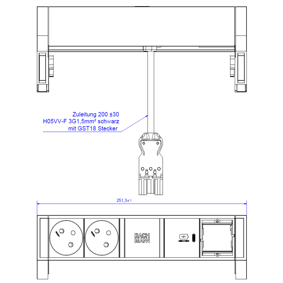 BACHMANN DESK2 2xUTE 1xUSB C 30W 1xCM 0,2m GST18 INOX, 902.924 (BILD2)