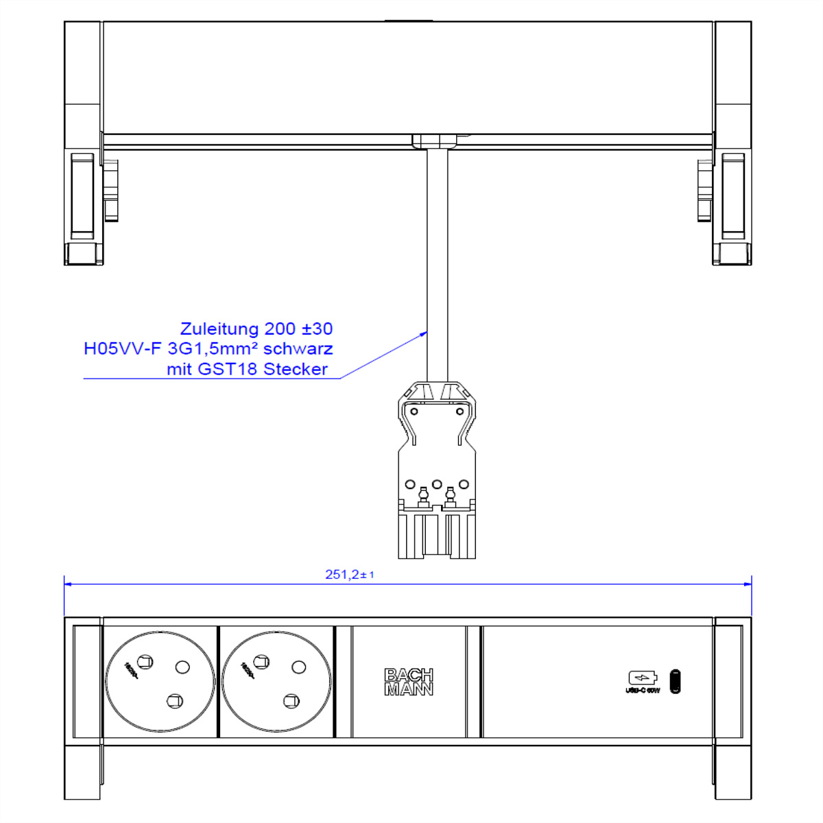 BACHMANN DESK2 2xUTE 1xUSB C 60W 0,2m GST18 RAL9010, 902.952 (BILD2)