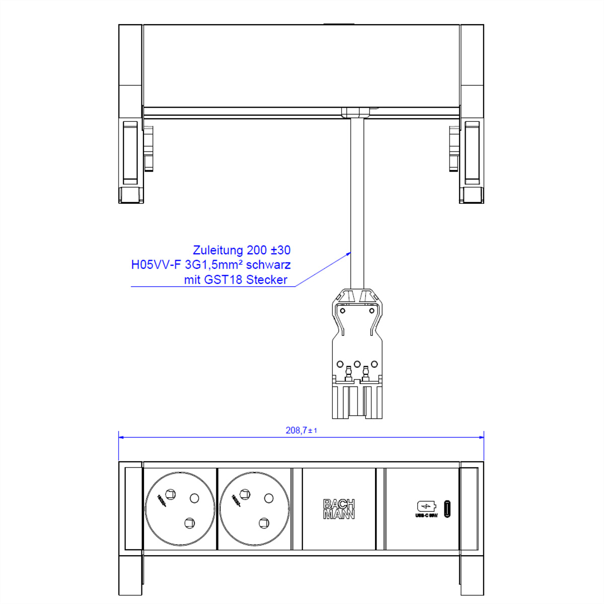 BACHMANN DESK2 2xUTE 1xUSB C 30W 0,2m GST18 RAL9005, 902.981 (BILD2)
