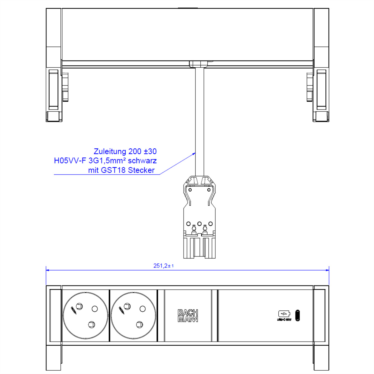 BACHMANN DESK2 2xUTE 1xUSB C 60W 0,2m GST18 RAL9005, 902.982 (BILD2)