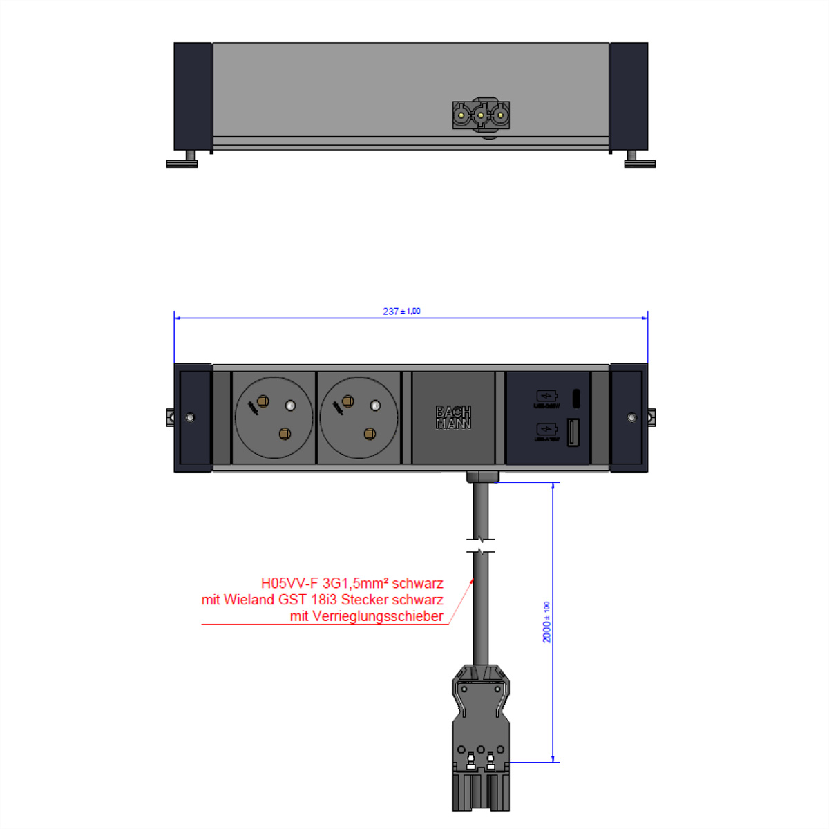 BACHMANN DESK RAIL 2xUTE 1xUSB A&,C 22W 2,0m GST18, 941.319 (BILD2)