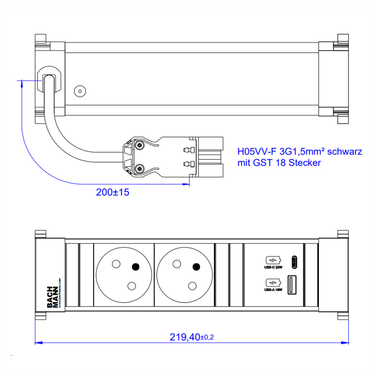 BACHMANN POWER FRAME S 2xUTE 1xUSB A/C 22W 0,2m GST18, 916.525 (BILD2)