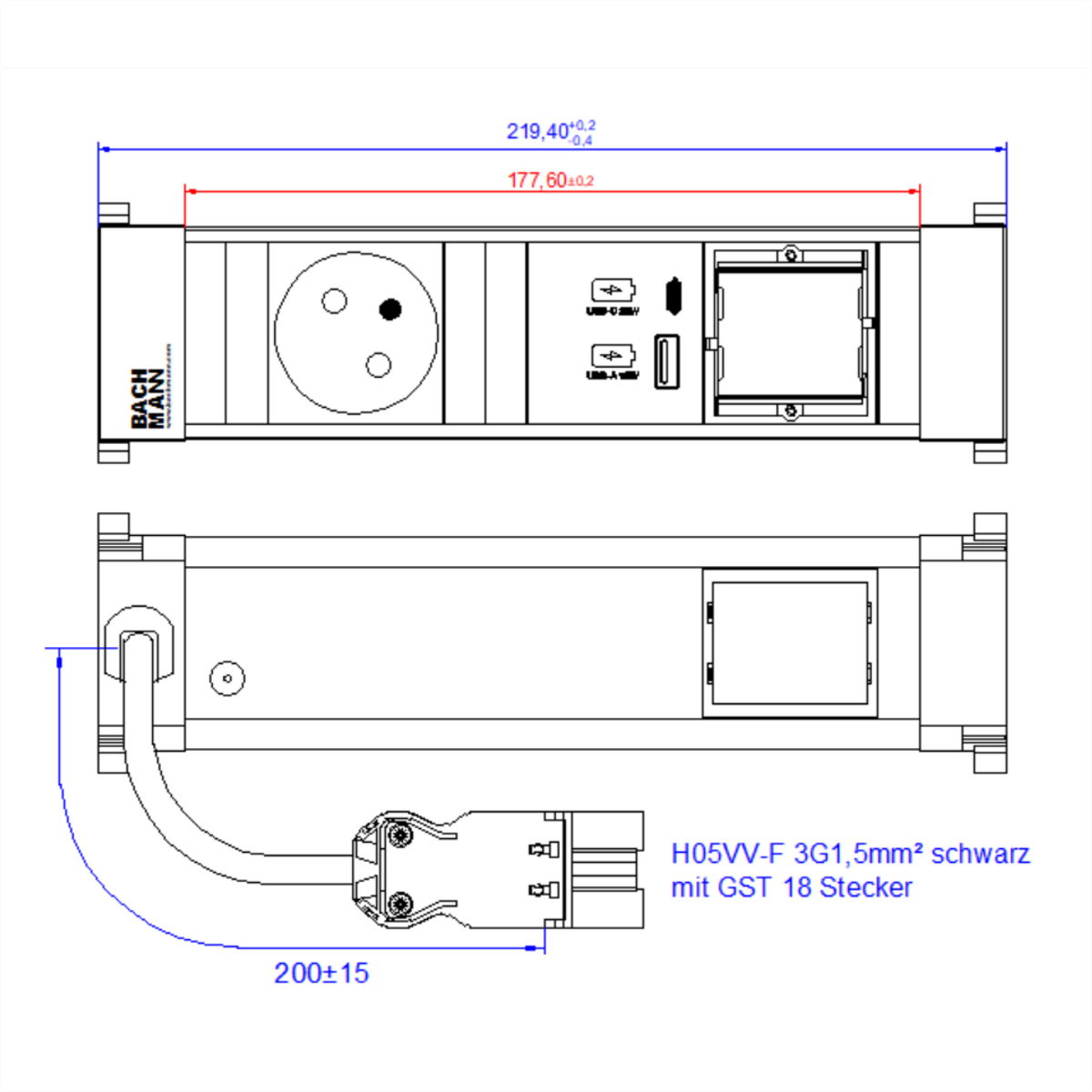 BACHMANN POWER FRAME S 1xUTE 1xCM 1xUSB A/C 22W 0,2m 916.527 (BILD2)