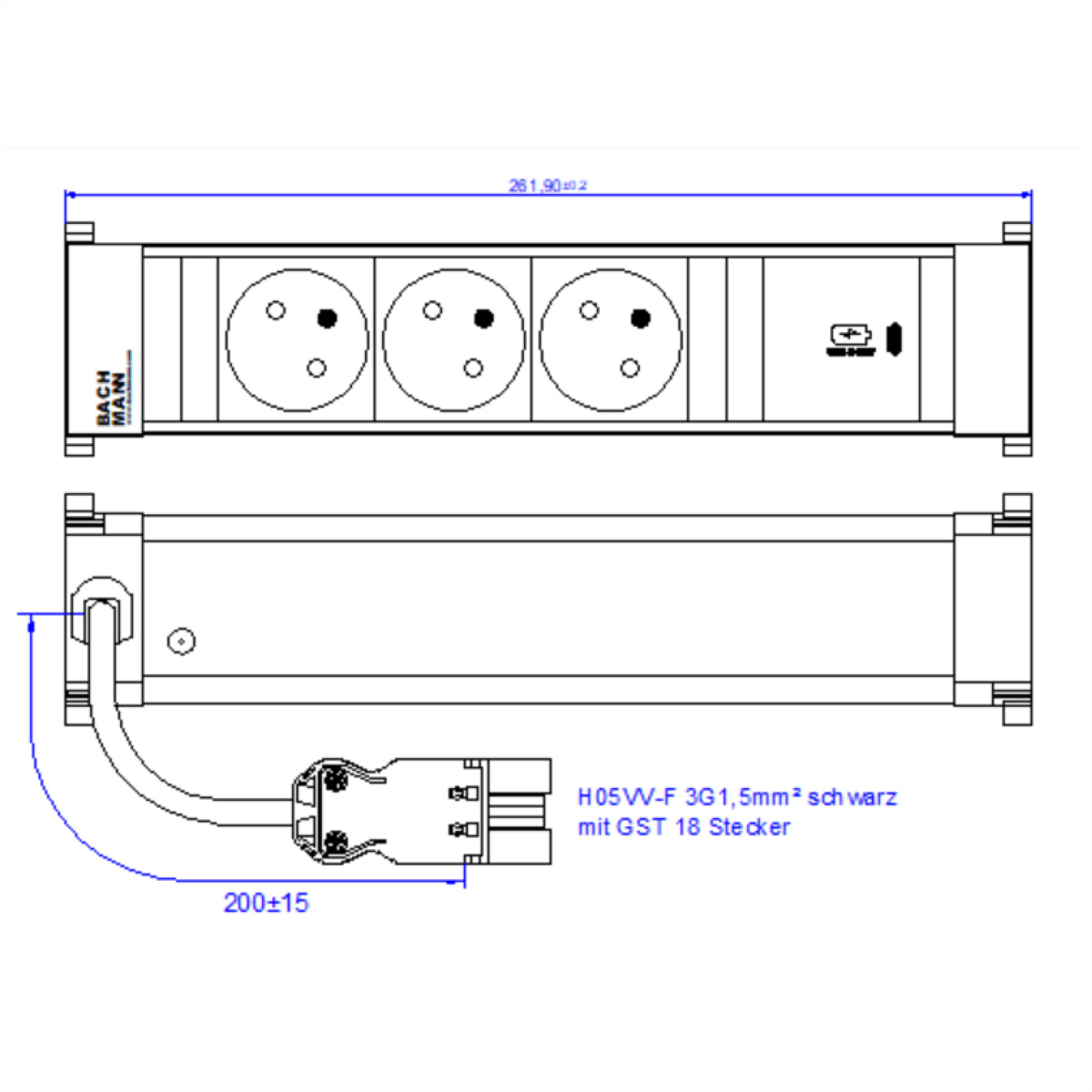 BACHMANN POWER FRAME M 3xUTE 1xUSB C 30W 0,2m GST18, 916.530 (BILD2)