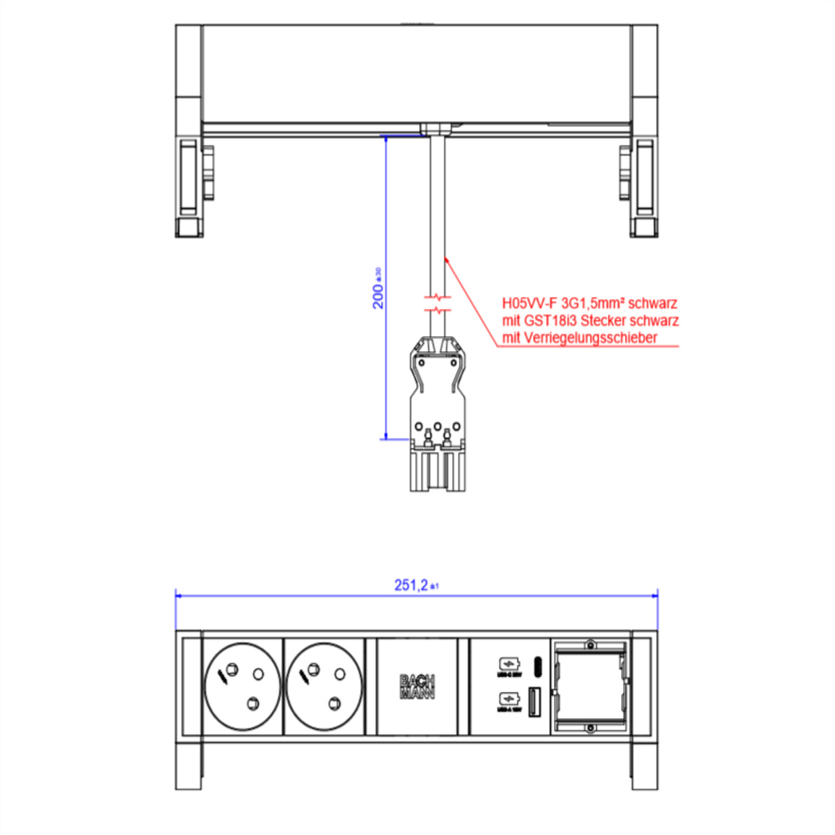 BACHMANN DESK2 ALU BLACK 2xUTE 1xCM 1xUSB A/C 22W 0,2m 937.322 (BILD2)