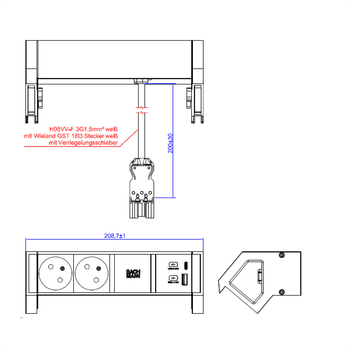 BACHMANN DESK2 white 2xUTE 1xUSB A/C 22W 0,2m GST18, 902.3207 (BILD2)