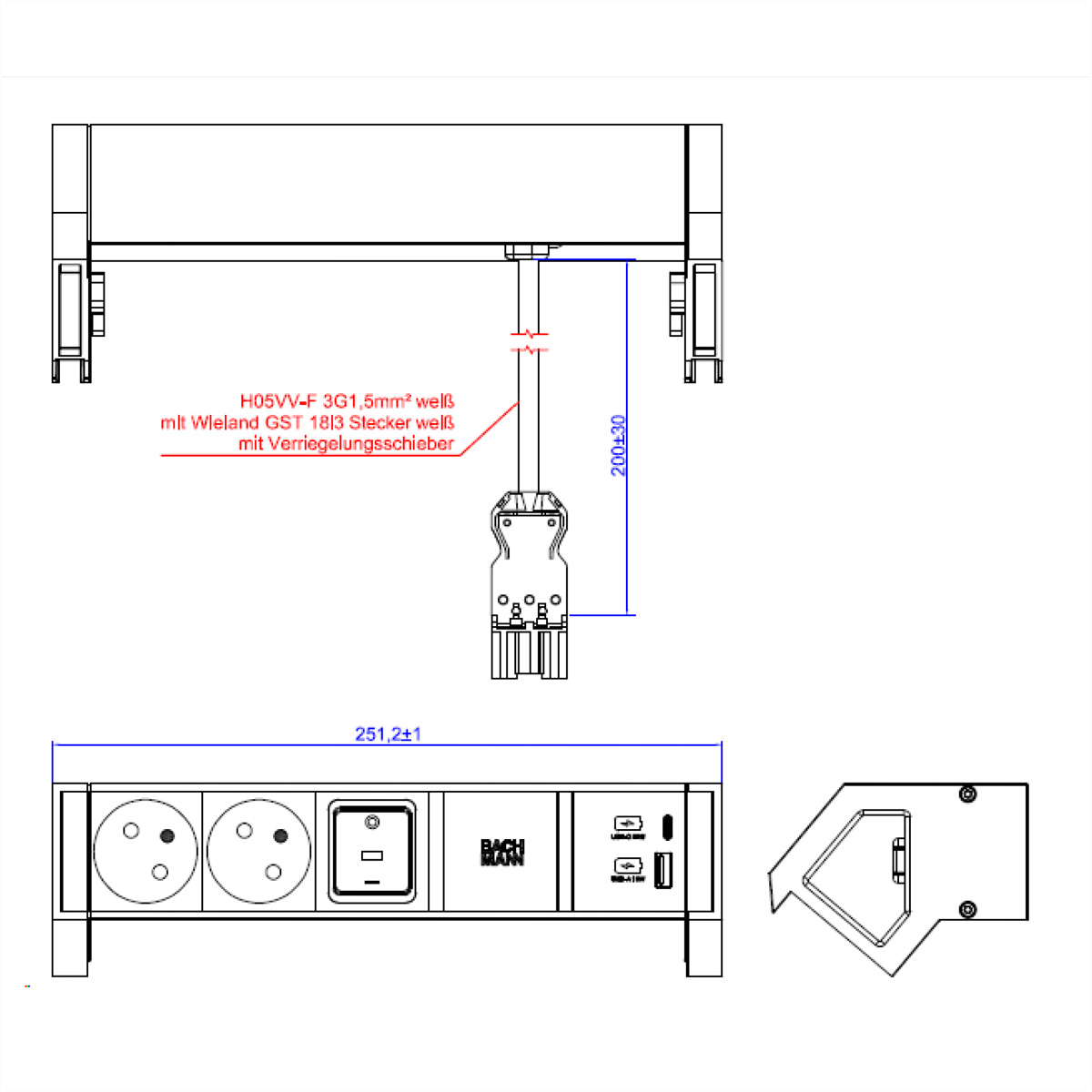 BACHMANN DESK2 white 2xUTE 1xSchalter 1xUSB A/C 22W 0,2m 902.3209 (BILD2)