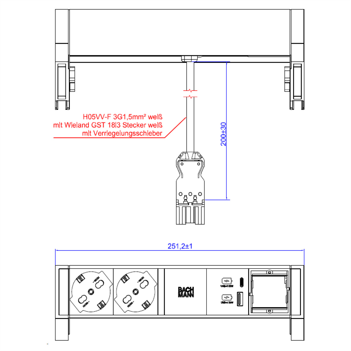 BACHMANN DESK2 white 2xP40 1xSchalter 1xUSB A/C 22W 1xCM 0,2m GST18