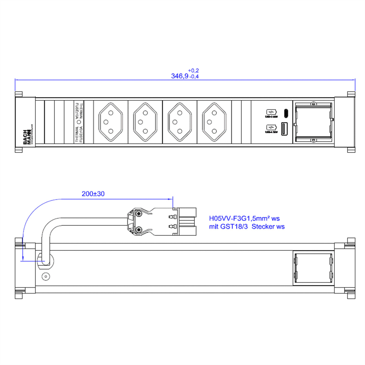 BACHMANN POWER FRAME 4xCH 0° 1xCM 1xUSB A/C 22W 0,2m GST18