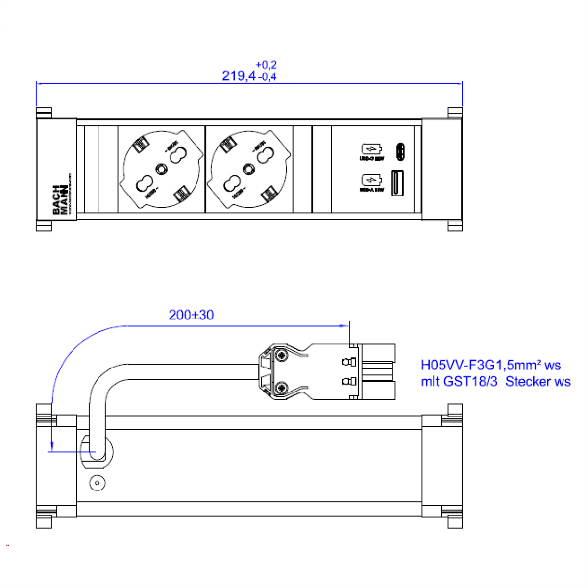 BACHMANN POWER FRAME 2xP40 1xUSB A/C 22W 0,2m GST18