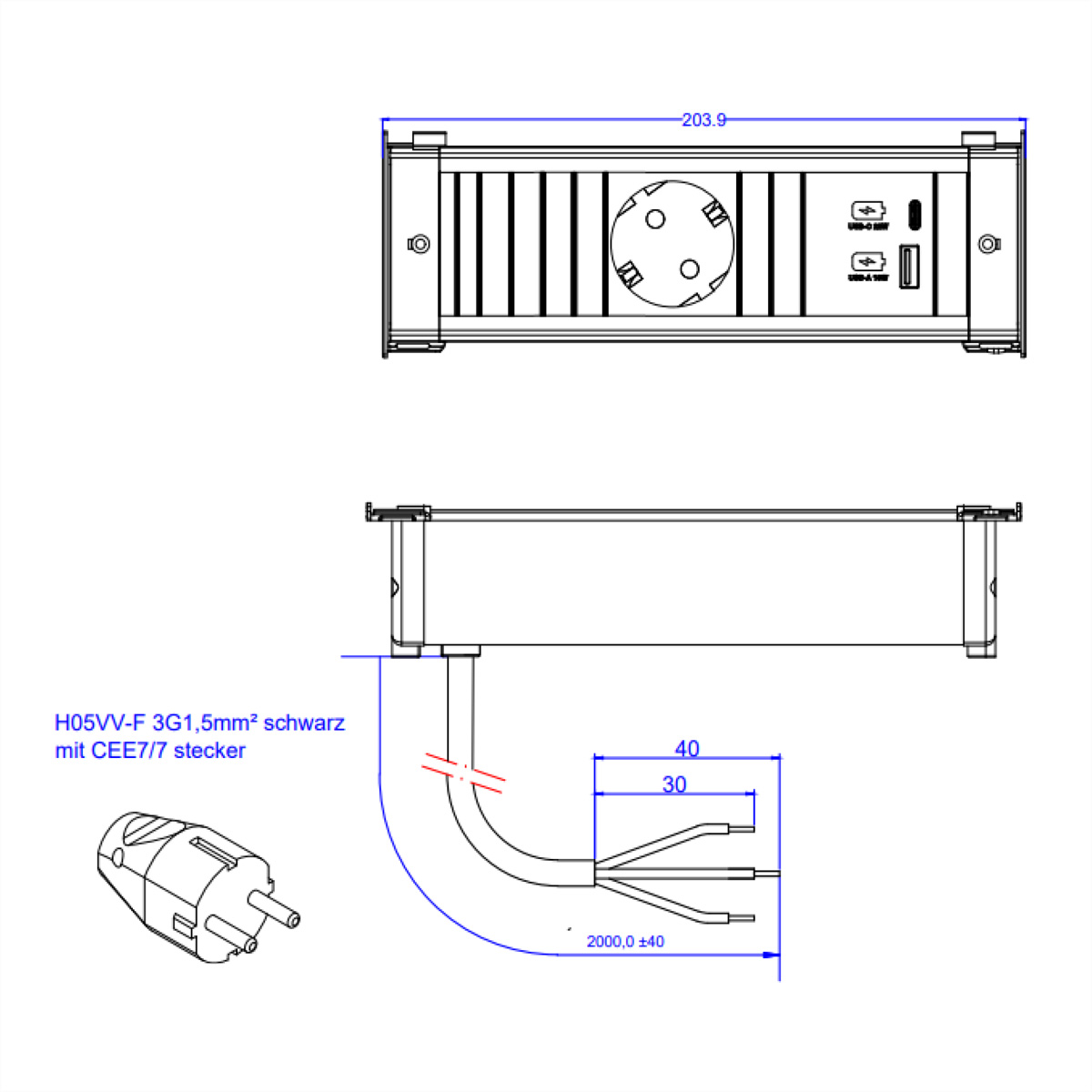 BACHMANN KAPSA S 1xCEE7/3 1xUSB A/C 22W 2,0m CEE7/7 Einbau-Anschlussfelder KAPSA