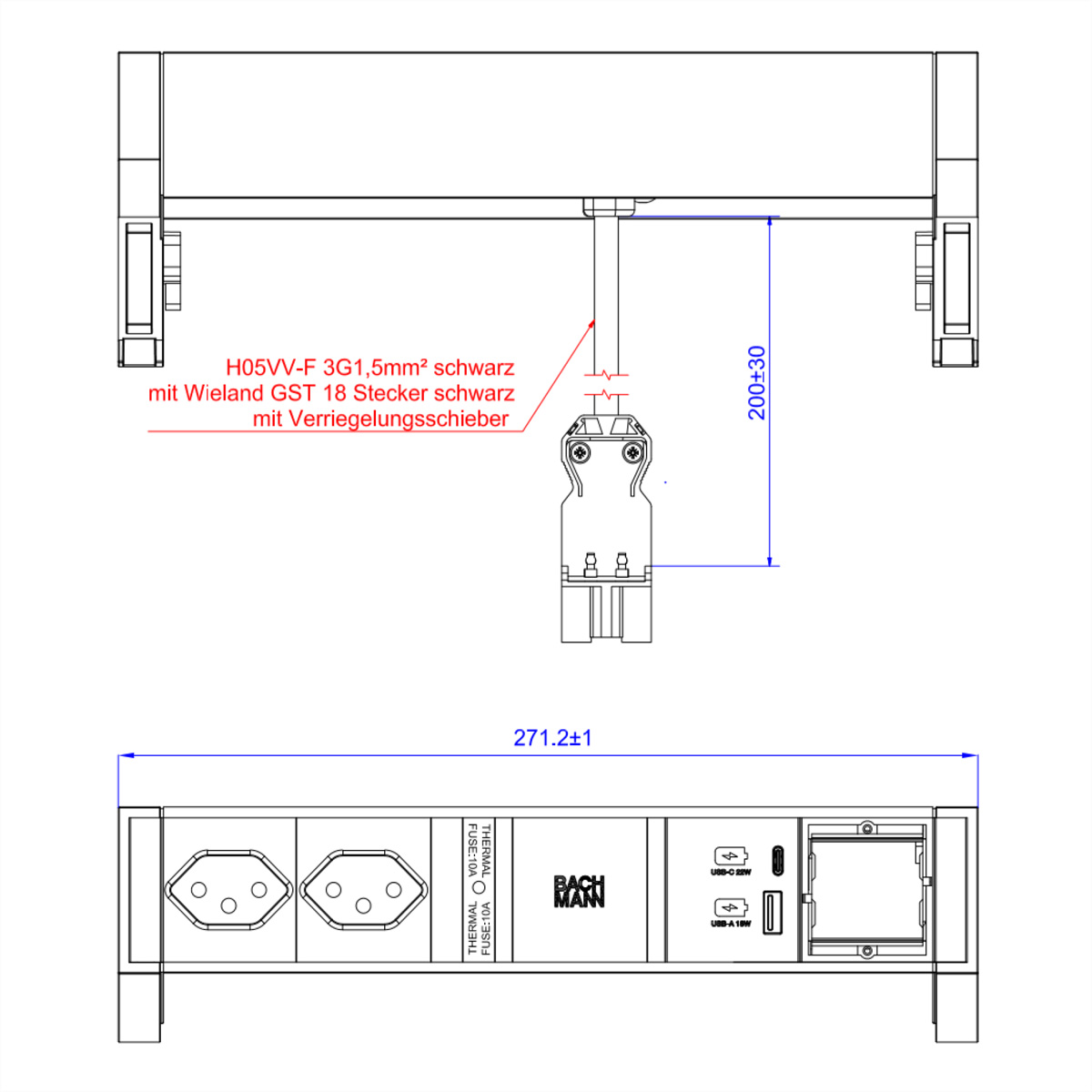 BACHMANN DESK2 2xCH 1xUSB A/C 22W 1xCM, 0,2m GST18 INOX Schweiz Aufbau-Anschlussfelder DESK2