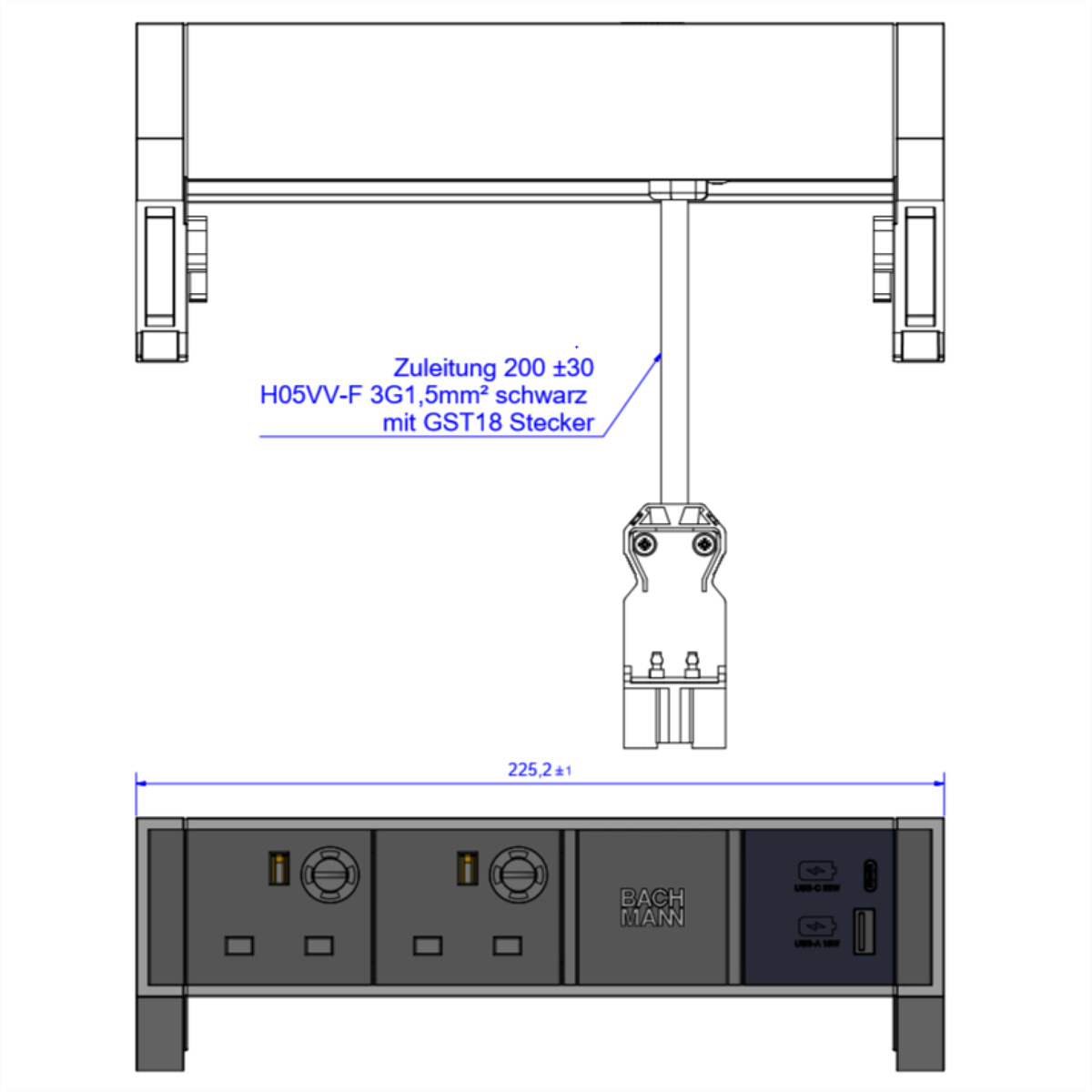 BACHMANN DESK2 2xUK 1xUSB A/C 22W, 0,2m GST18 INOX United Kingdom