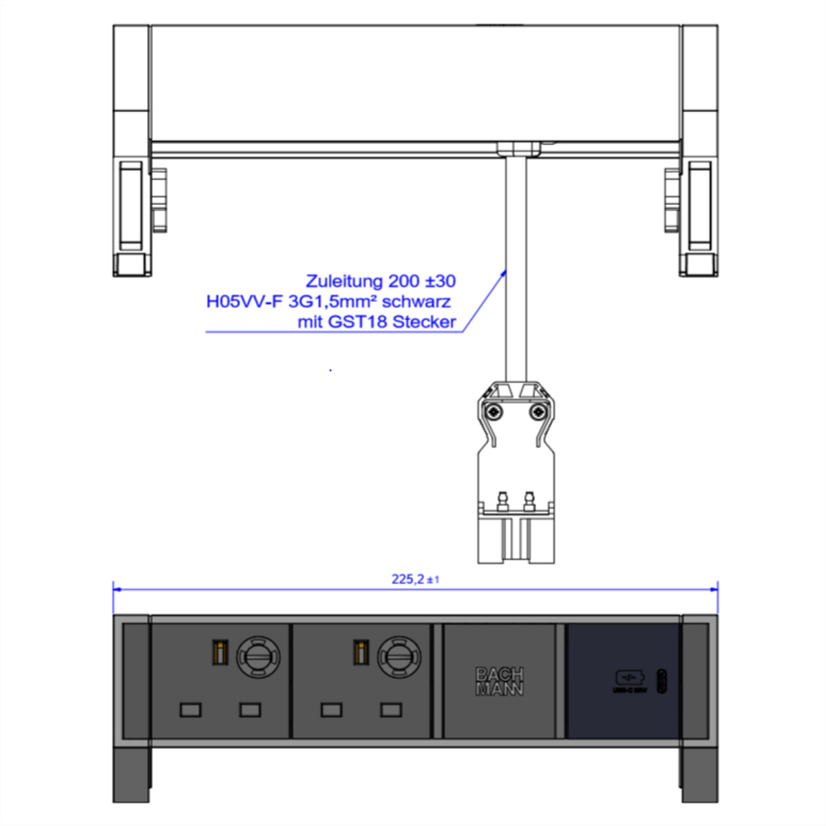 BACHMANN DESK2 2xUK 1xUSB C 30W, 0,2m GST18 INOX United Kingdom Aufbau-Anschlussfelder DESK2