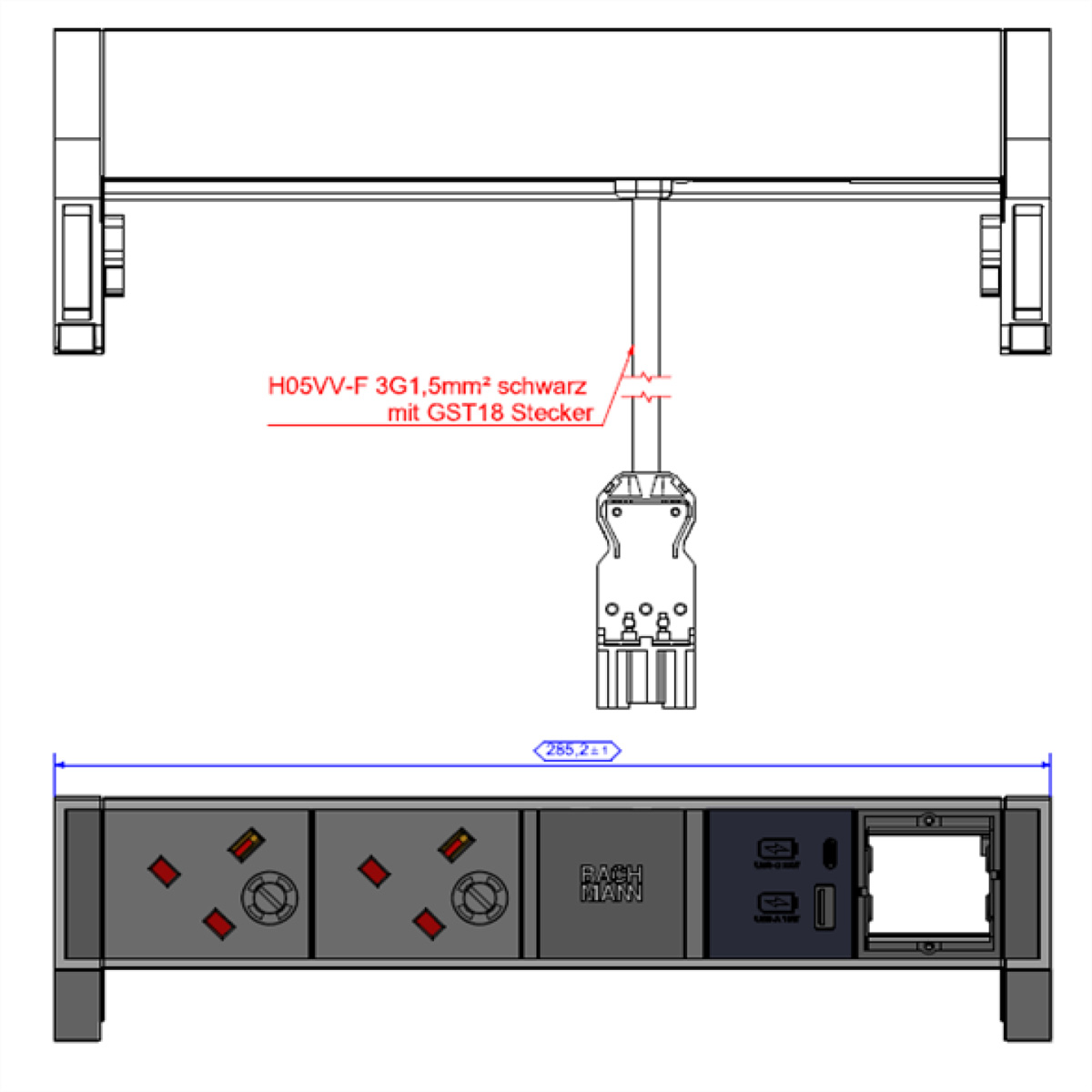 BACHMANN DESK2 2xUK 1xUSB A/C 22W 1xCM, 0,2m GST18 INOX United Kingdom Aufbau-Anschlussfelder DESK2