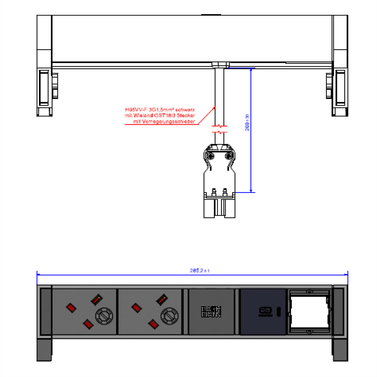 BACHMANN DESK2 2xUK 1xUSB C 30W 1xCM, 0,2m GST18 INOX United Kingdom Aufbau-Anschlussfelder DESK2