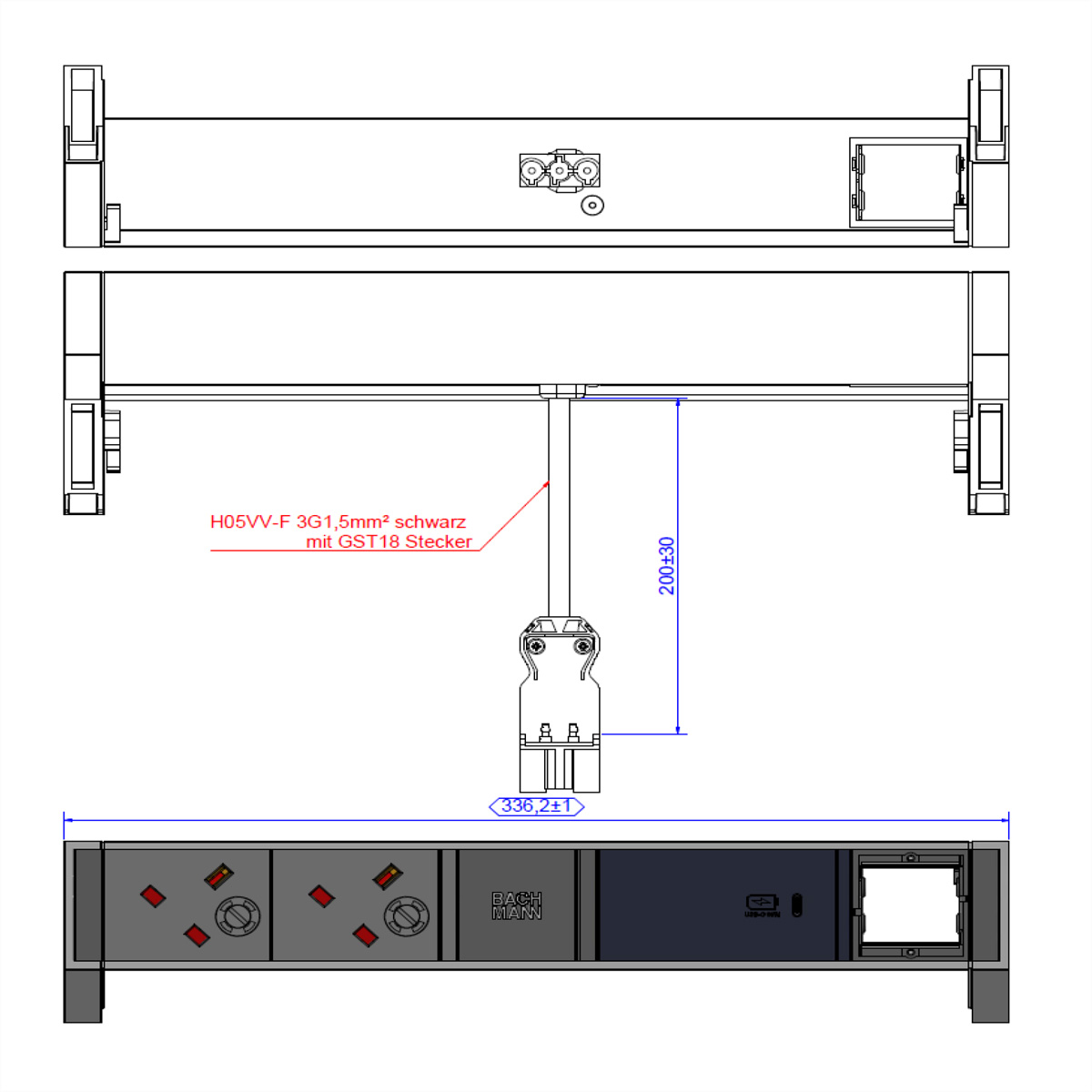 BACHMANN DESK2 2xUK 1xUSB C 60W 1xCM, 0,2m GST18 INOX United Kingdom Aufbau-Anschlussfelder DESK2