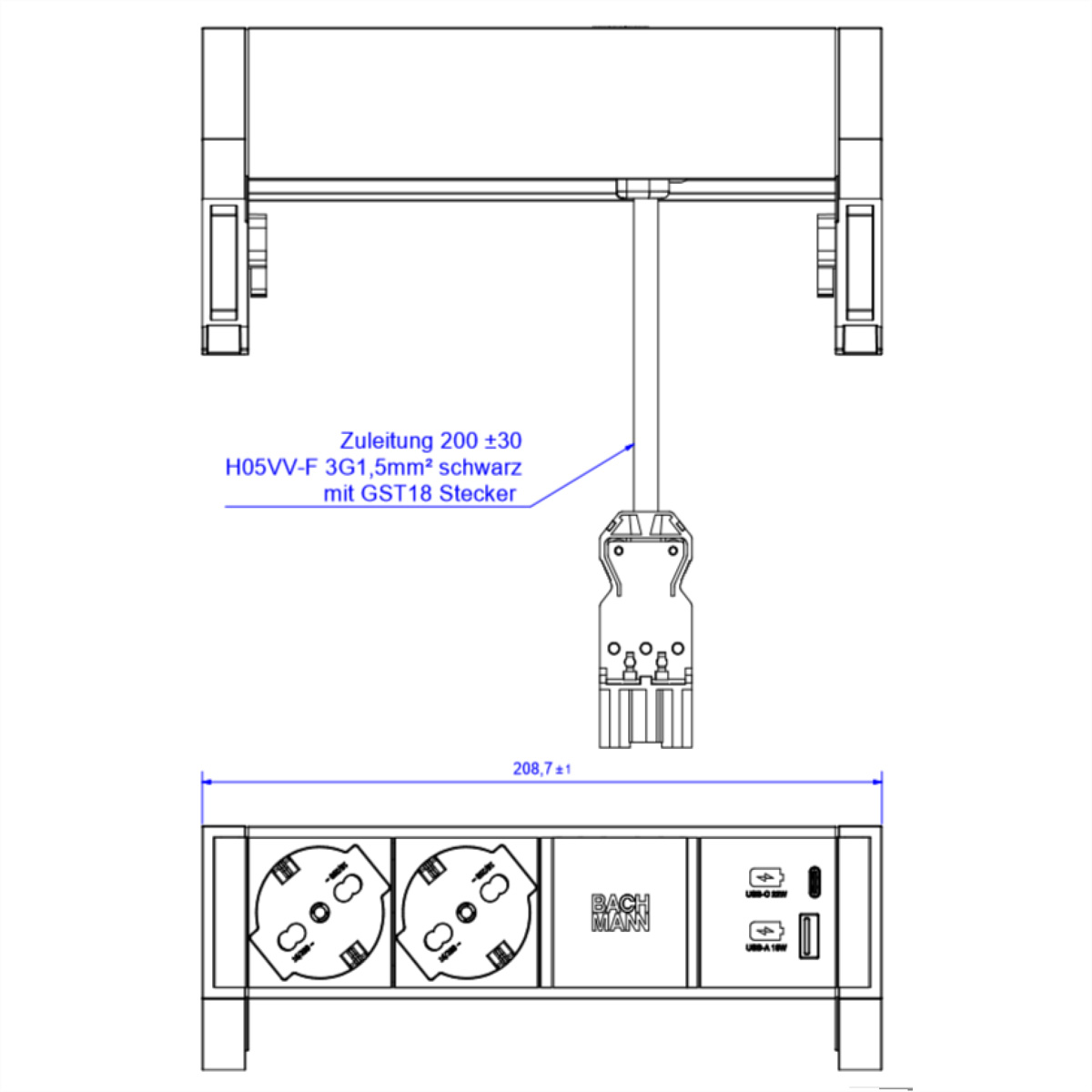 BACHMANN DESK2 2xP40 1xUSB A/C 22W, 0,2m GST18 INOX Italia