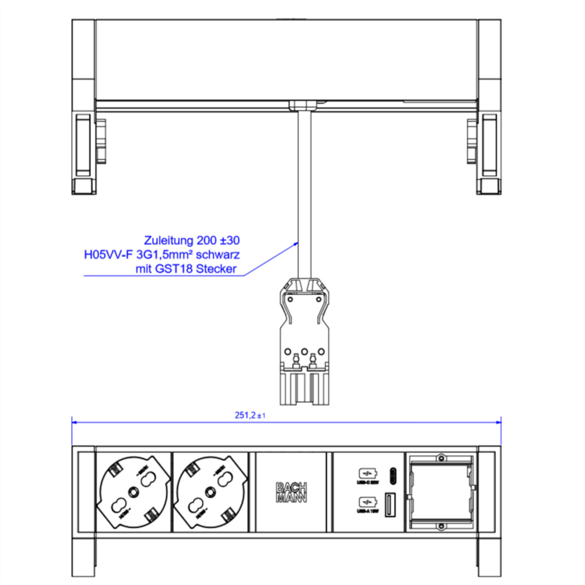 BACHMANN DESK2 2xP40 1xUSB A/C 22W 1xCM, 0,2m GST18 INOX Italia Aufbau-Anschlussfelder DESK2