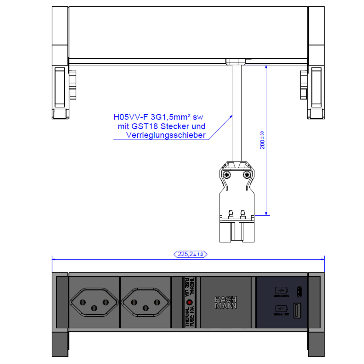 BACHMANN DESK2 2xCH 1xUSB A/C 22W, 0,2m GST18 RAL9010 Schweiz