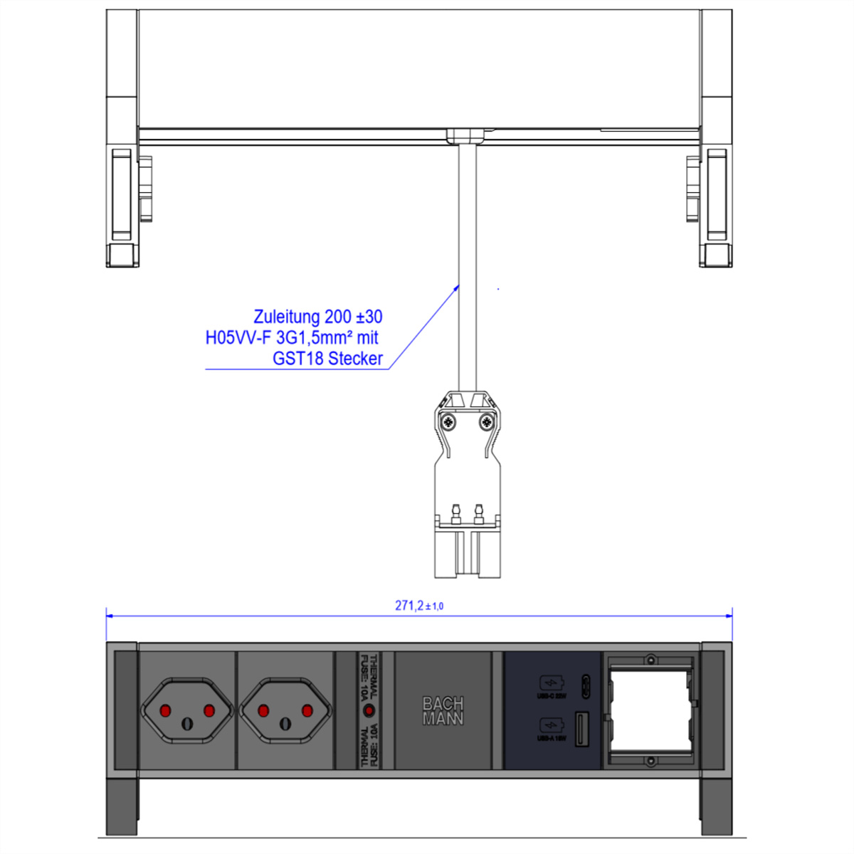 BACHMANN DESK2 2xCH 1xUSB A/C 22W 1xCM, 0,2m GST18 RAL9010 Schweiz Aufbau-Anschlussfelder DESK2