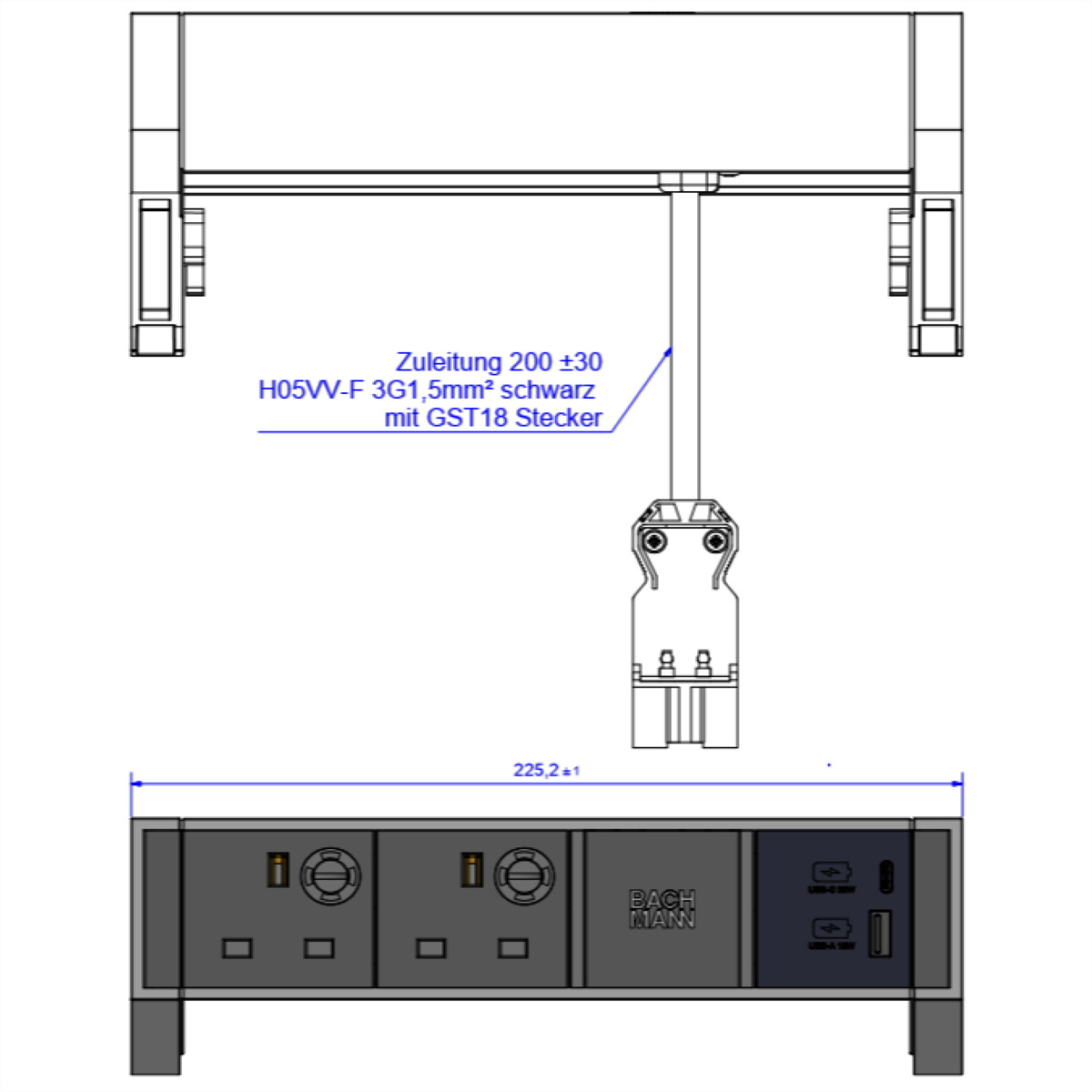 BACHMANN DESK2 2xUK 1xUSB A/C 22W, 0,2m GST18 RAL9010 United Kingdom