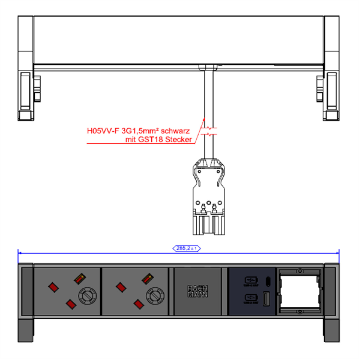 BACHMANN DESK2 2xUK 1xUSB A/C 22W 1xCM, 0,2m GST18 RAL9010 United Kingdom Aufbau-Anschlussfelder DESK2