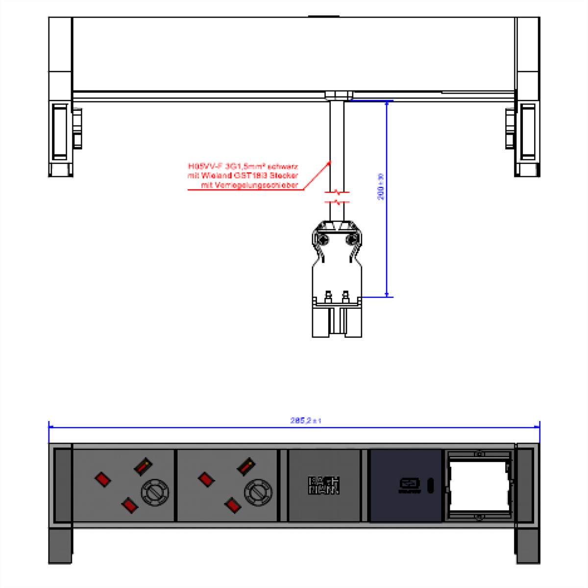 BACHMANN DESK2 2xUK 1xUSB C 30W 1xCM, 0,2m GST18 RAL9010 United Kingdom Aufbau-Anschlussfelder DESK2