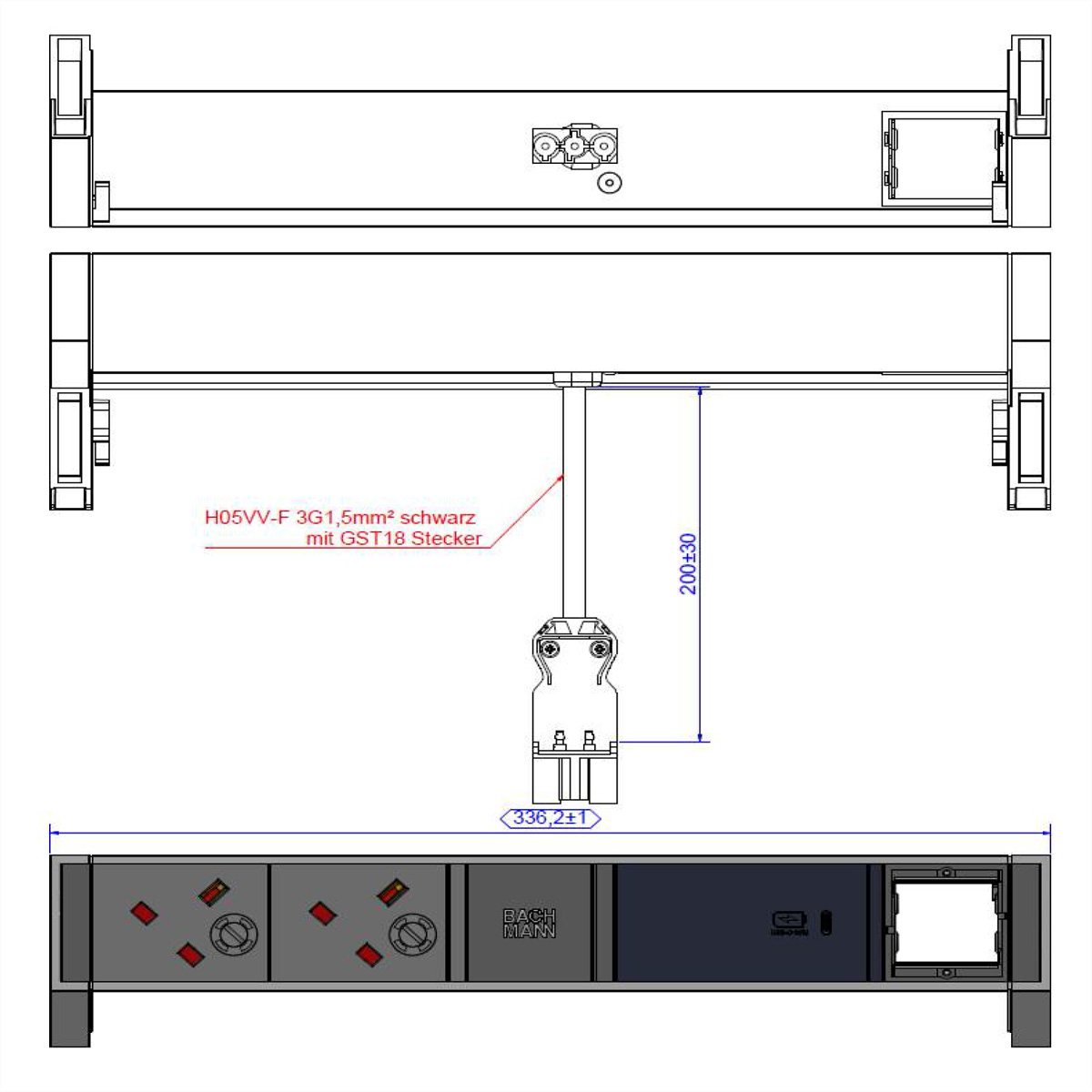 BACHMANN DESK2 2xUK 1xUSB C 60W 1xCM, 0,2m GST18 RAL9010 United Kingdom Aufbau-Anschlussfelder DESK2