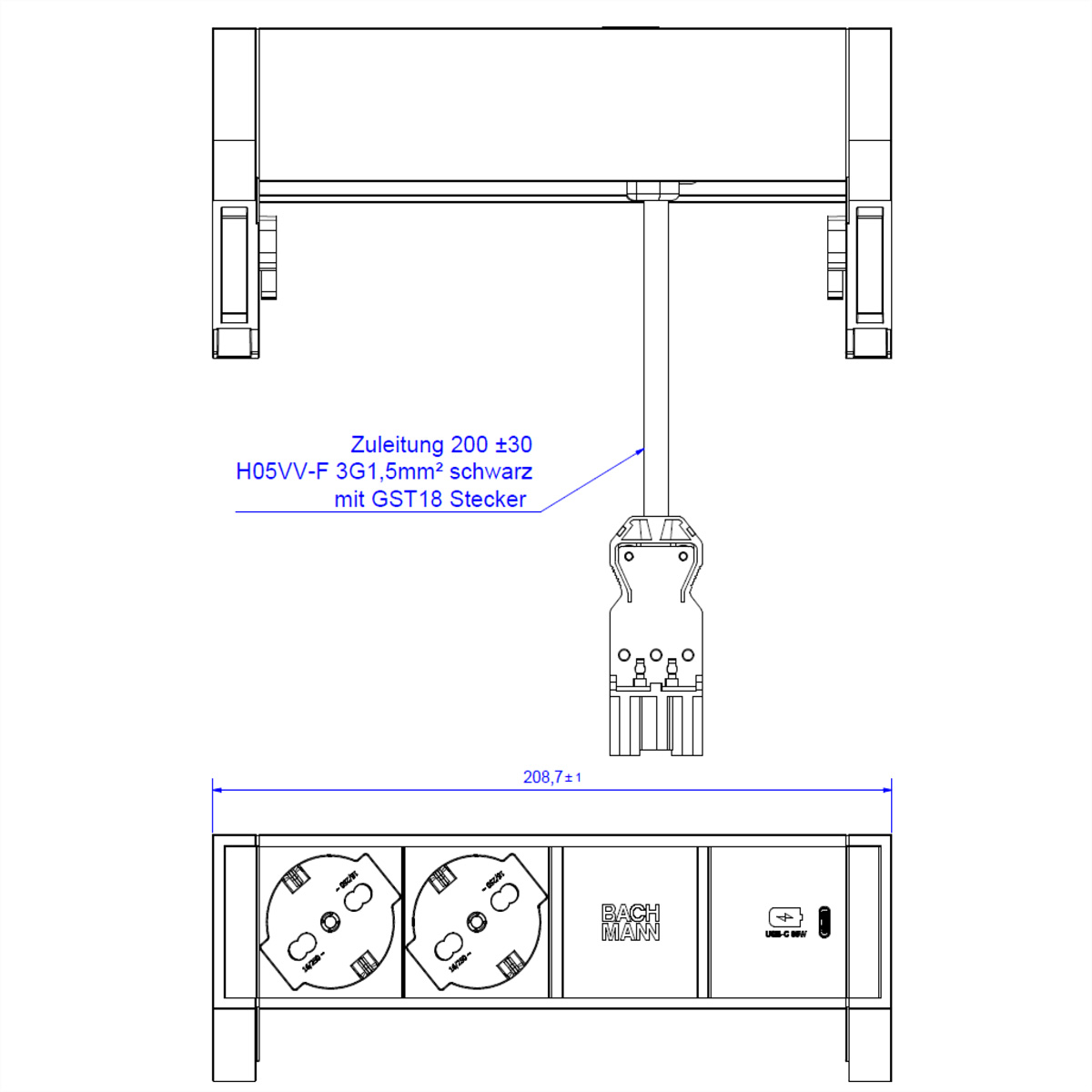 BACHMANN DESK2 2xP40 1xUSB C 30W, 0,2m GST18 RAL9010 Italia Aufbau-Anschlussfelder DESK2
